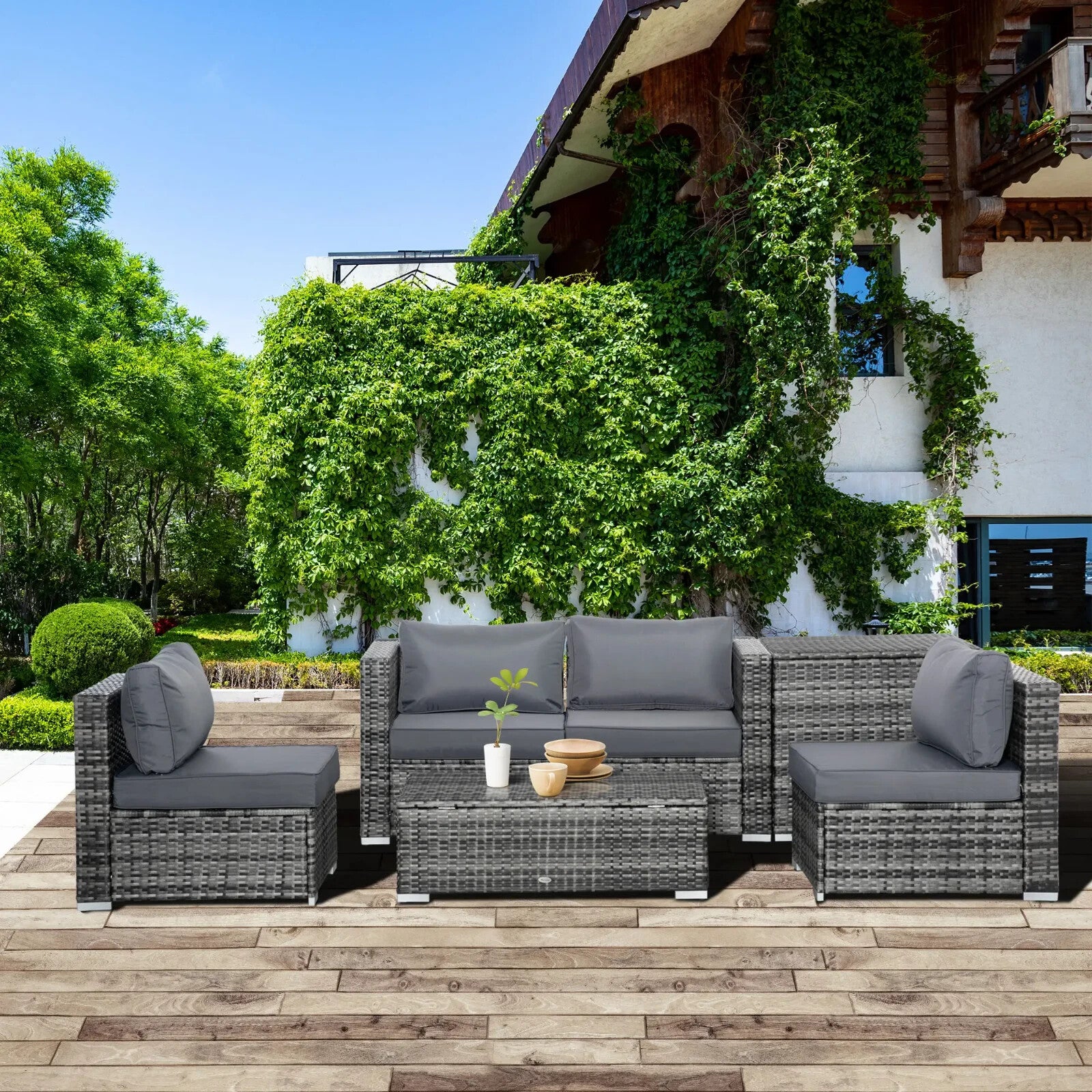 6 Pcs Rattan Corner Sofa Set 4 Seats Garden Furniture w/ Storage Table & Ottoman