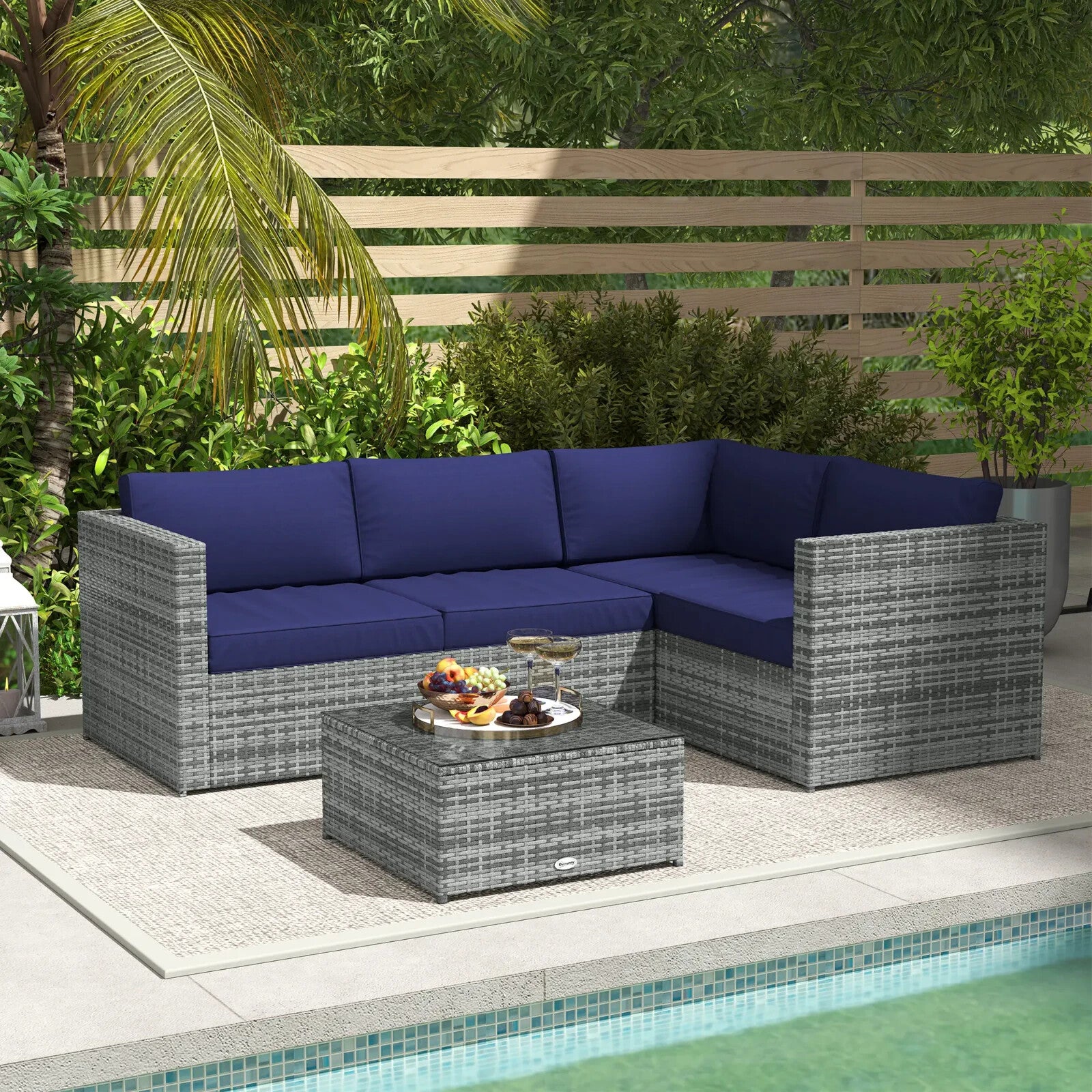 3 Piece Rattan Garden Furniture Set w/Cushion 4 Seater Corner Sofa & Glass Table