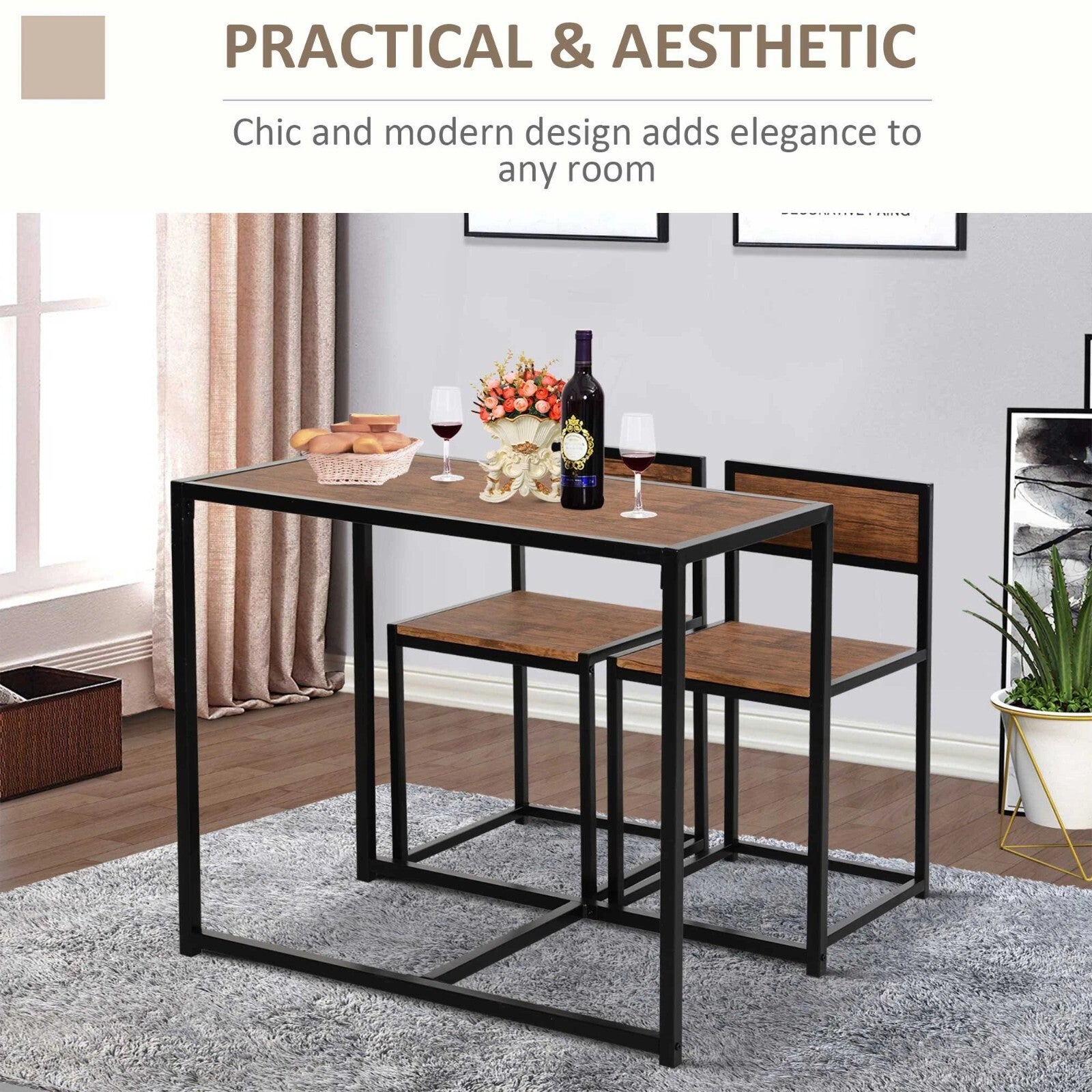 Small Dining Table 2 Chairs Set Space Saving Kitchen Breakfast Table Metal Legs