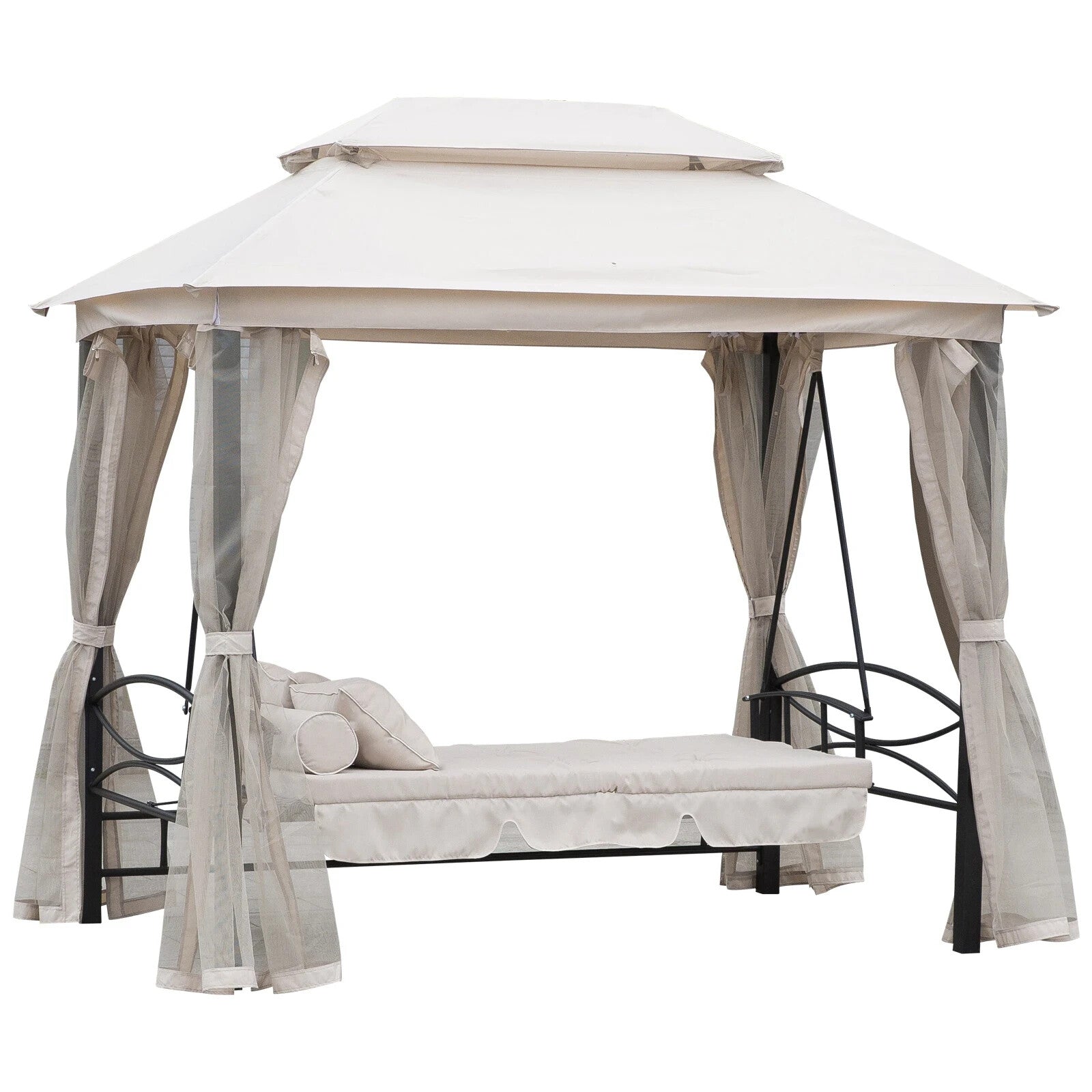 Hammock Swing Bench 3-Seater with 2-Tier Gazebo Canopy & Mesh Netting Beige
