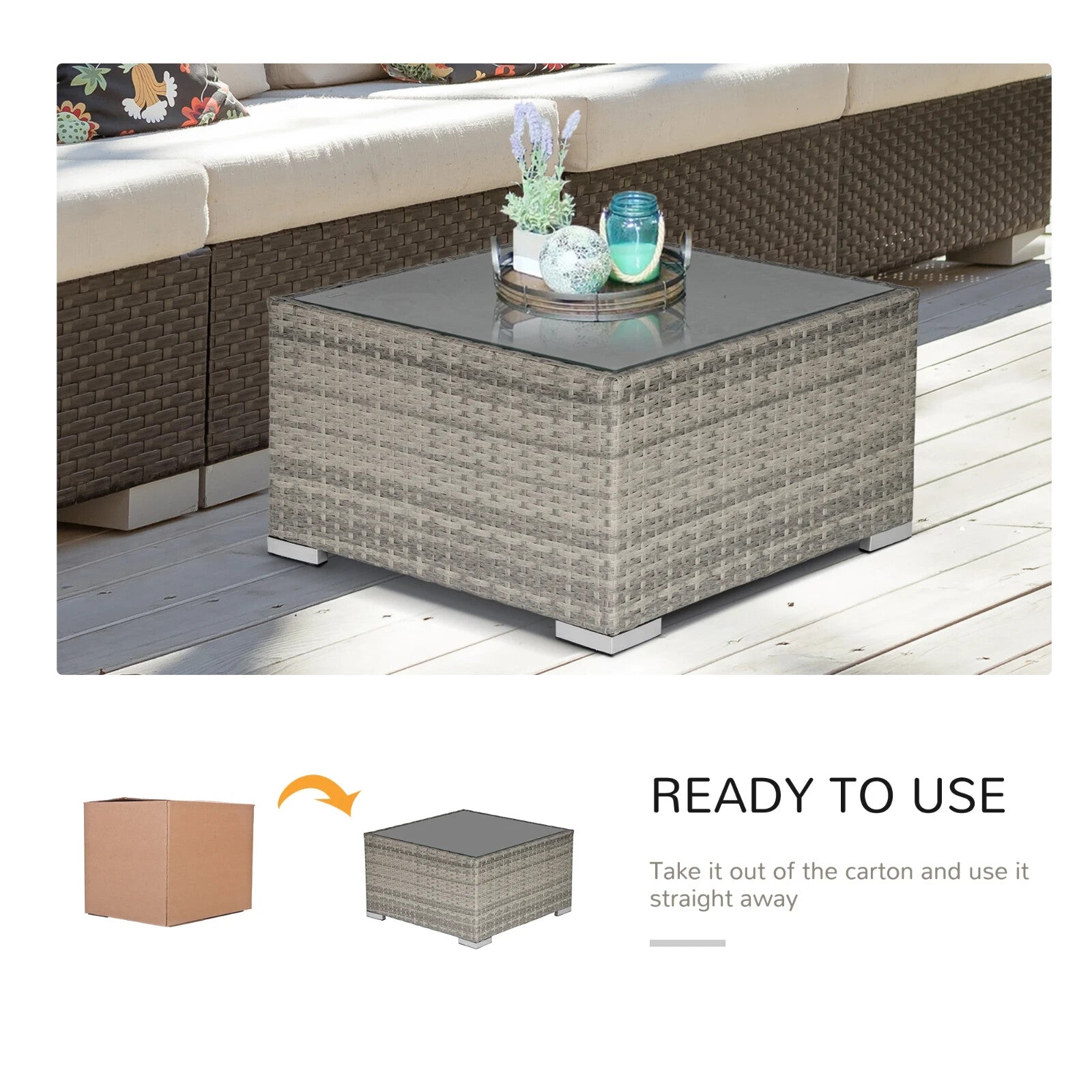 Wicker Garden Coffee Table w/ Glass Top Outdoor Patio Furniture for Yard or Deck