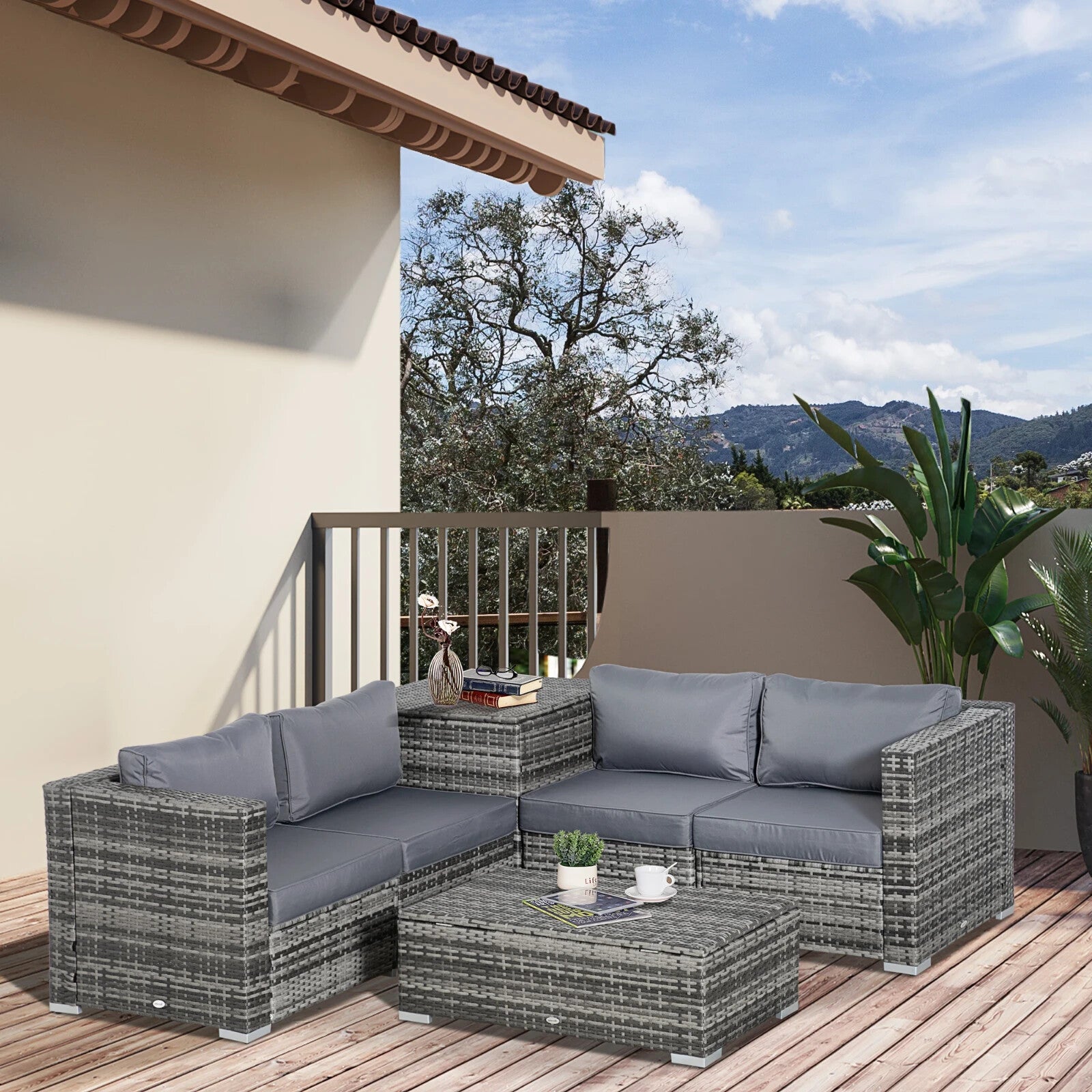 6 Pcs Rattan Corner Sofa Set 4 Seats Garden Furniture w/ Storage Table & Ottoman