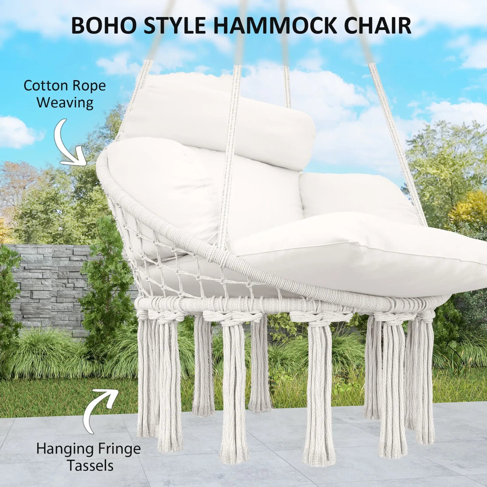 Hammock Hanging Chair Rope Swing with Padded Cushion & Adjustable Chain Cream