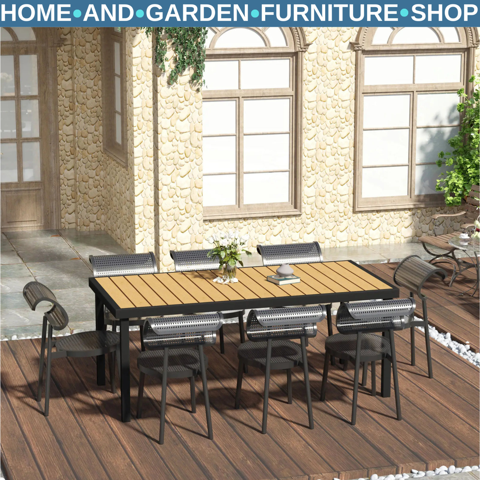 Garden Dining Table for 8 People 190 x 90 x 74 cm Aluminium Frame Faux Wood Top