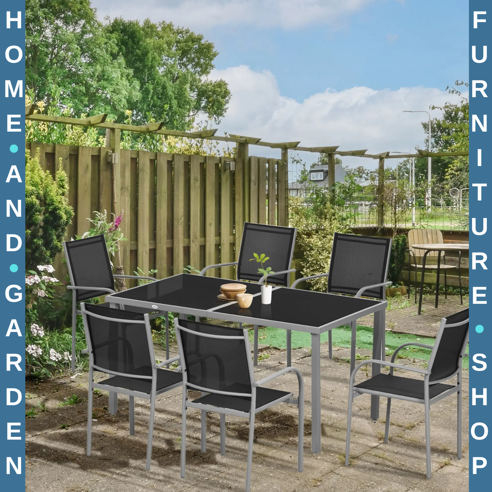 7 Piece Garden Dining Set with Glass Table and 6 Stackable Mesh Chairs Outdoor
