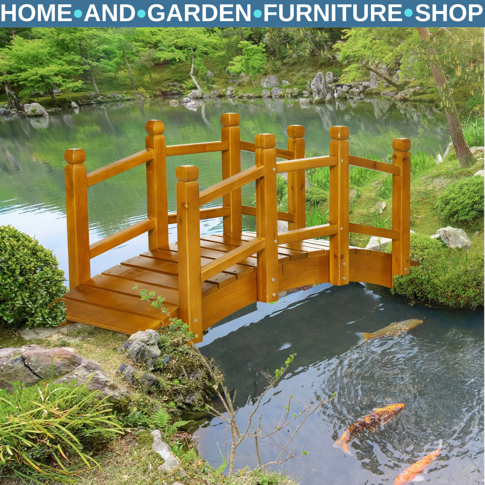 Wooden Garden Bridge with Railings Arc Footbridge for Pond Stream or Backyard