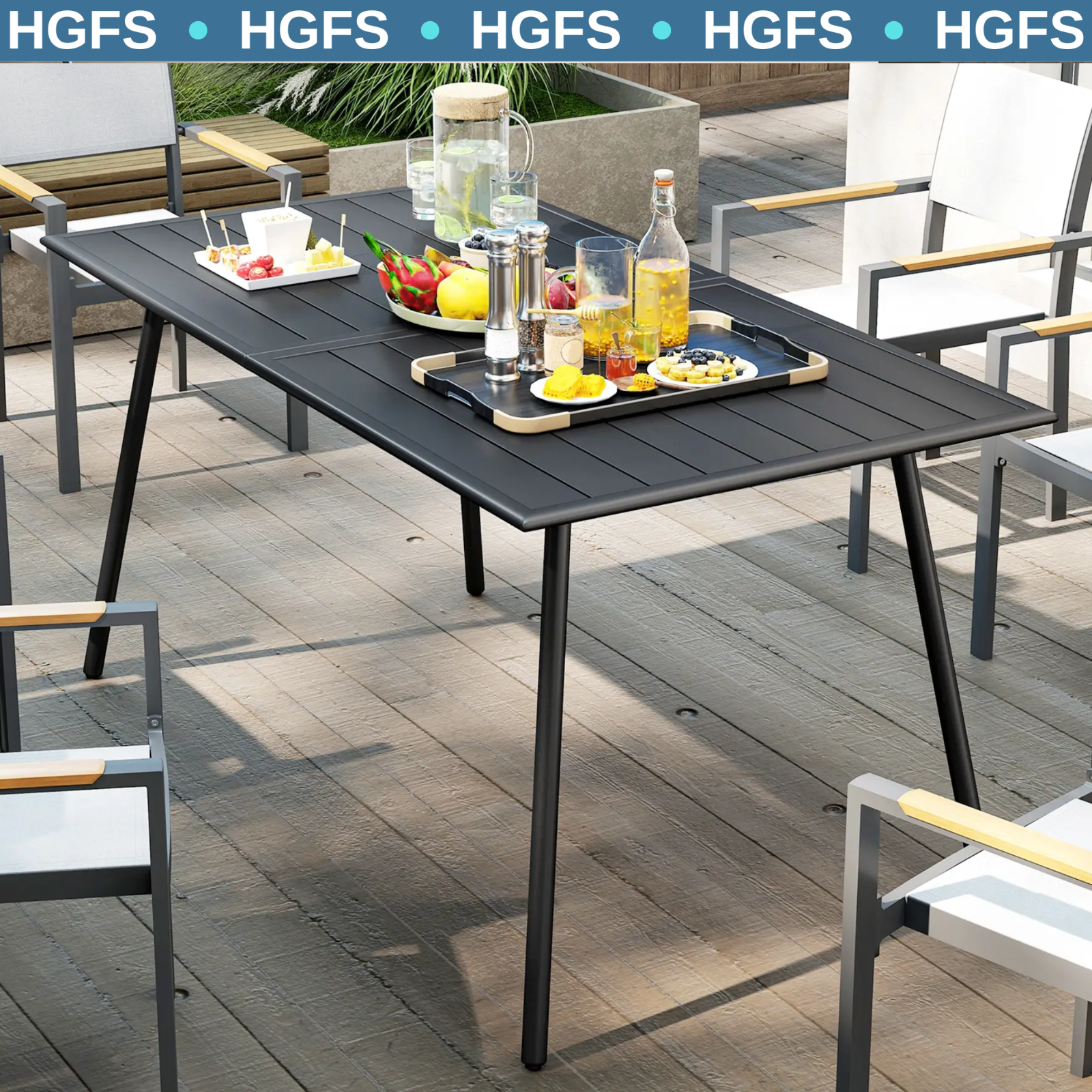 Metal Outdoor Table Black Garden Dining Table for 6 People Slat Top Steel Frame