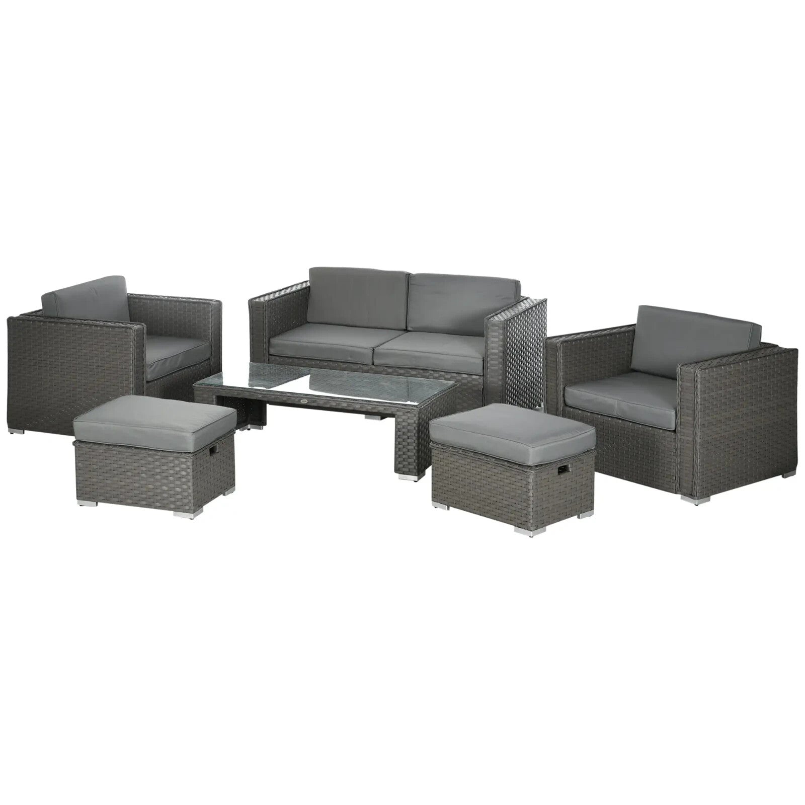 6 Piece Rattan Garden Furniture Set with Sofa Chairs Coffee Table & 2 Footstools