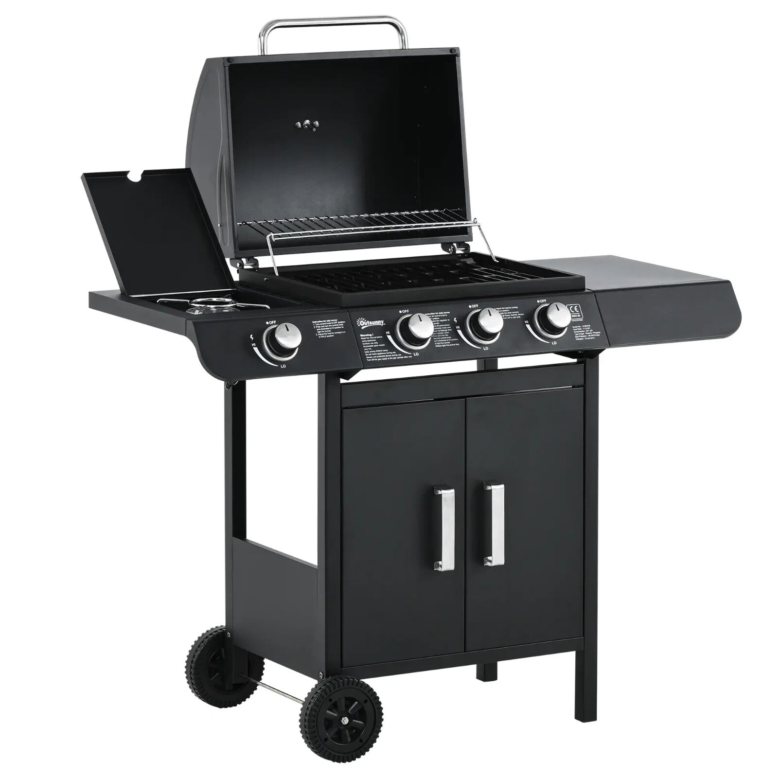 3 and 1 Gas Barbecue Grill w/ Side Burner & Large Cooking Area for Garden BBQs