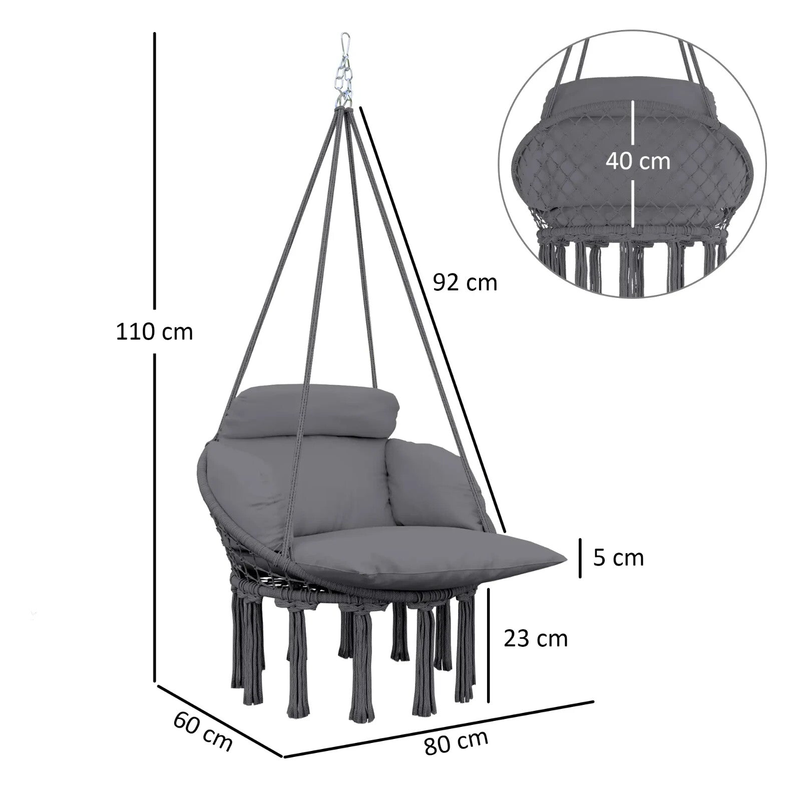 Hammock Hanging Chair Rope Boho Style Swing with Soft Padded Cushion Dark Grey