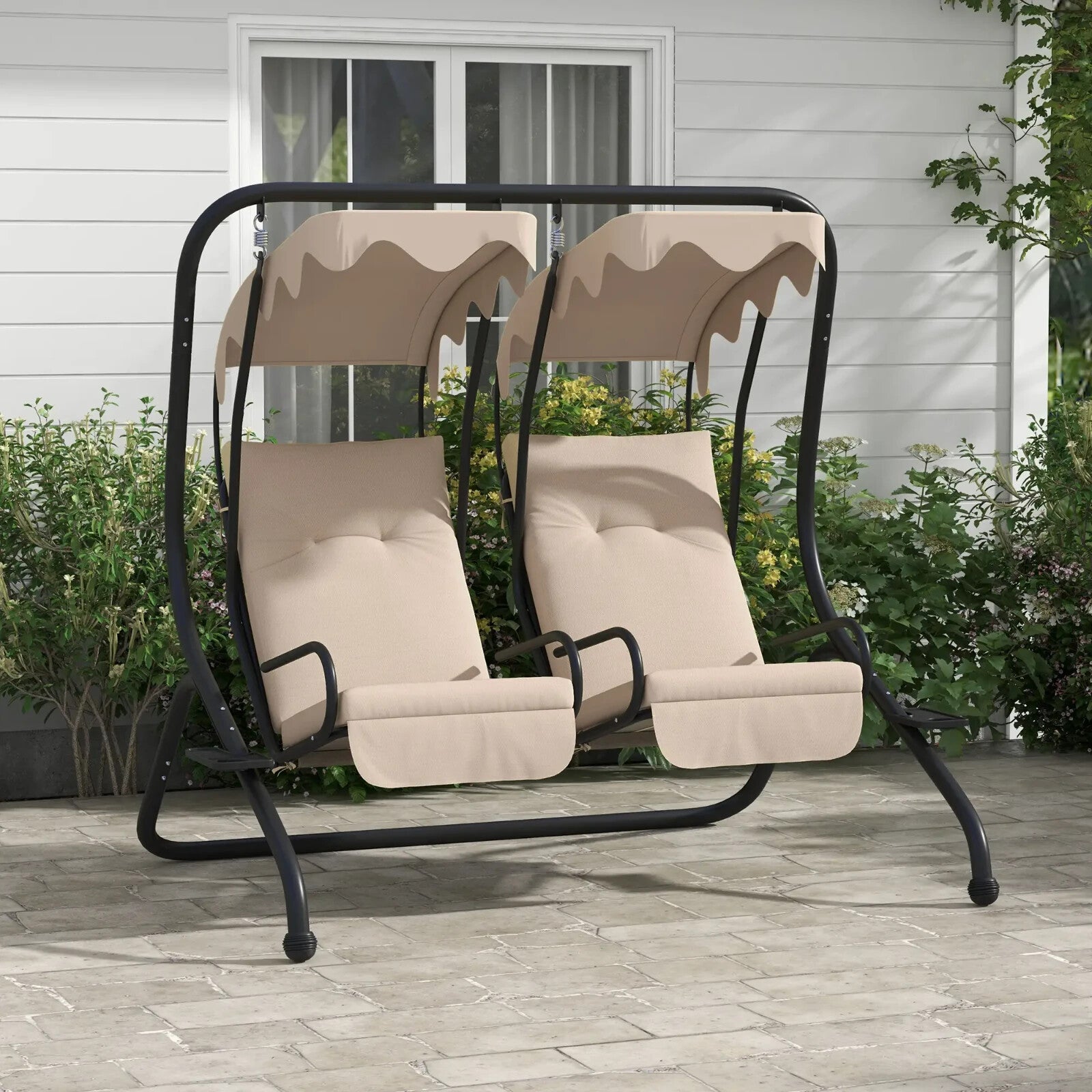 Hammock Swing Bench 2-Seater Weather-Resistant with Adjustable Canopy Beige
