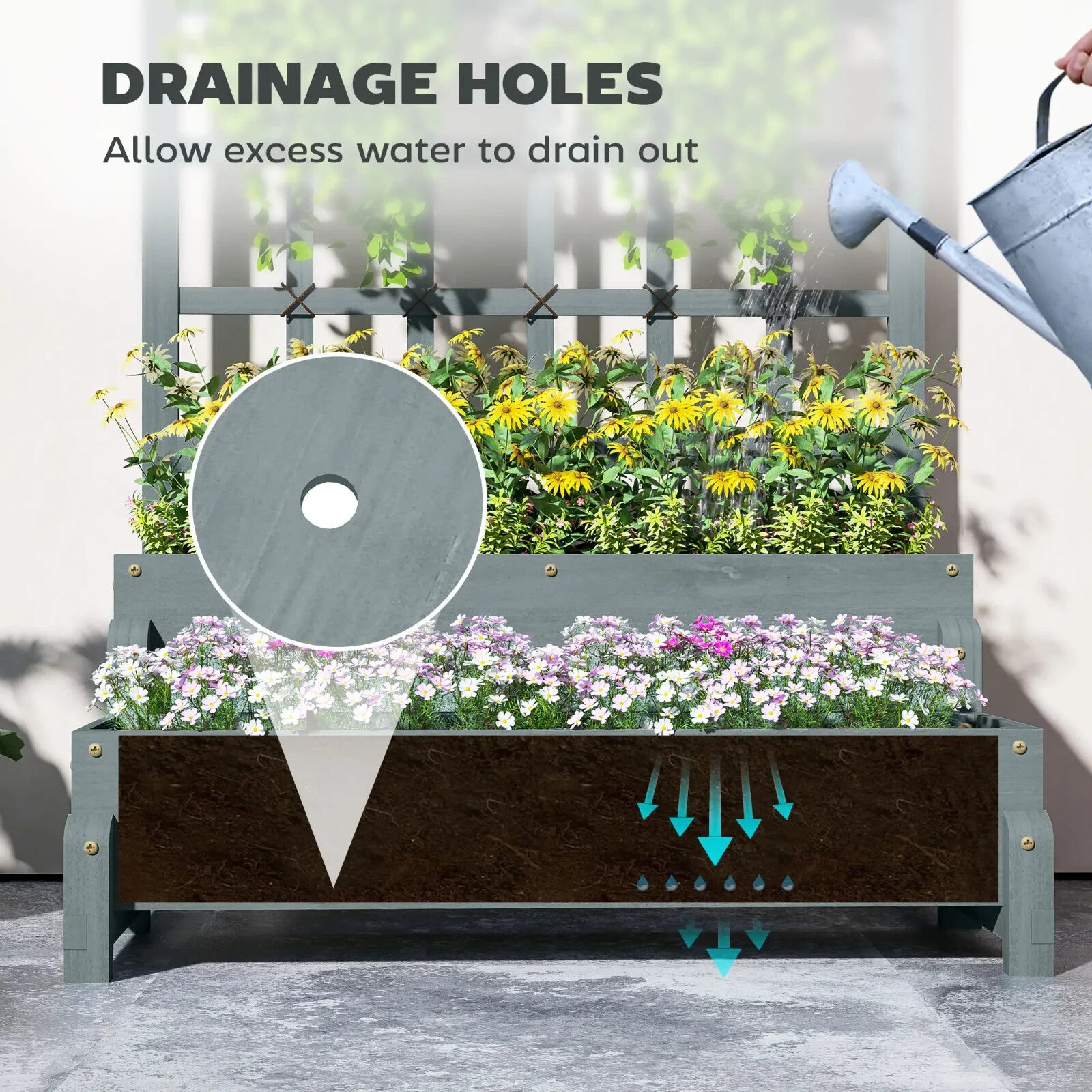 2 Tier Raised Garden Bed, Trellis Wooden Planter Box Outdoor Raised w/ Drainage