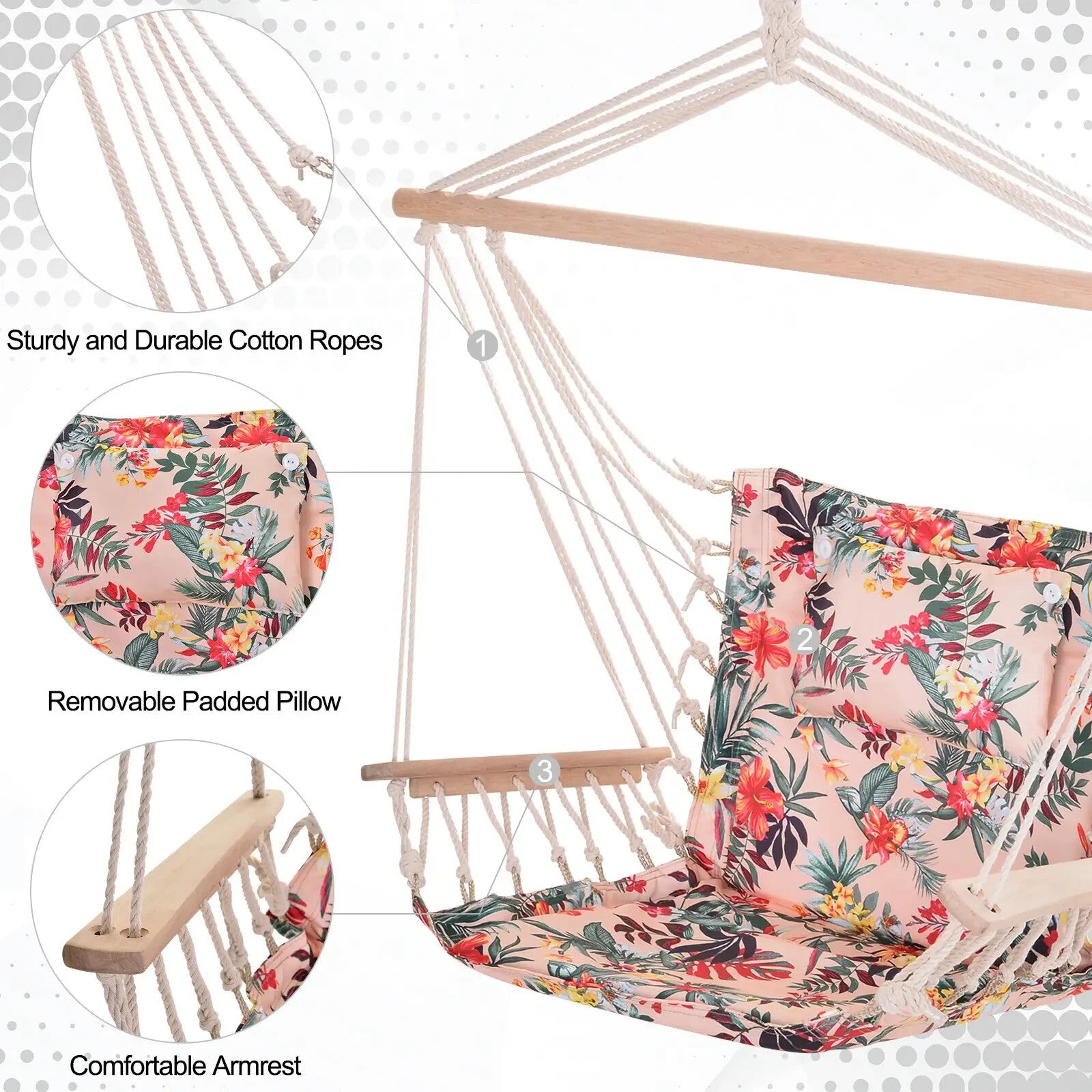 Hammock Hanging Chair Thick Rope Swing with Padded Cushion Multi-Colour Floral