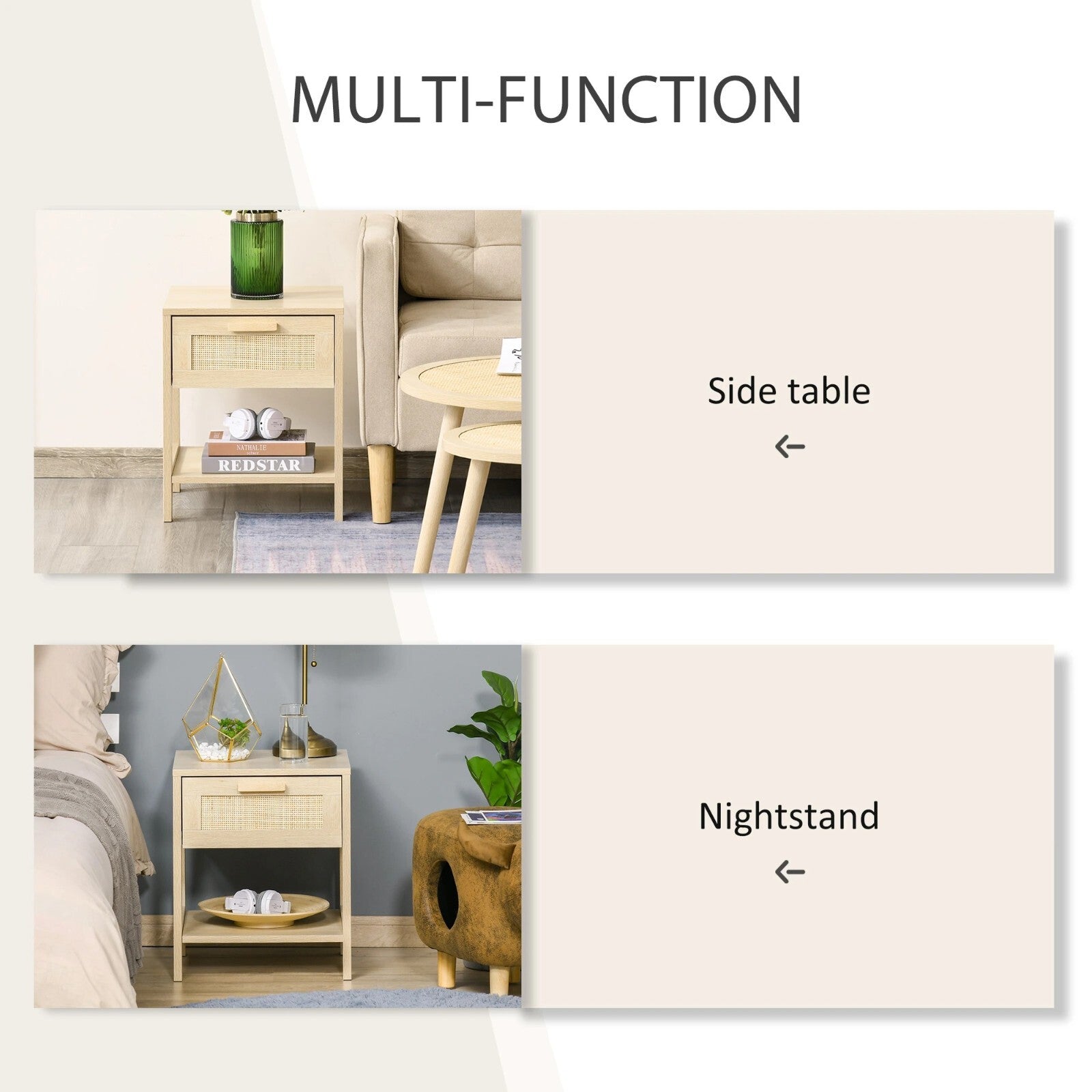 Bedroom Bedside Table Nightstand Storage Organiser Drawer Rattan Shelf Oak Style