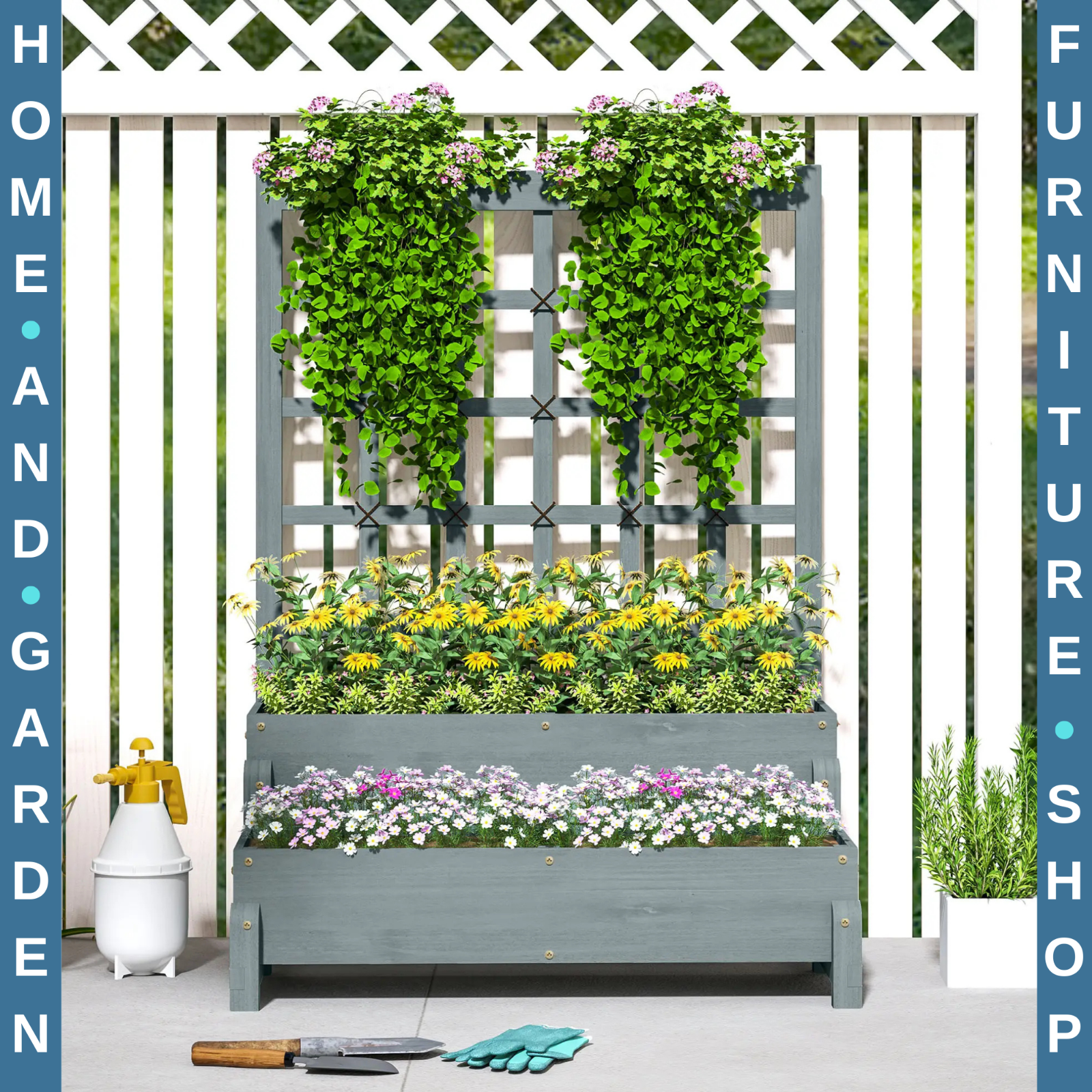 2 Tier Raised Garden Bed, Trellis Wooden Planter Box Outdoor Raised w/ Drainage