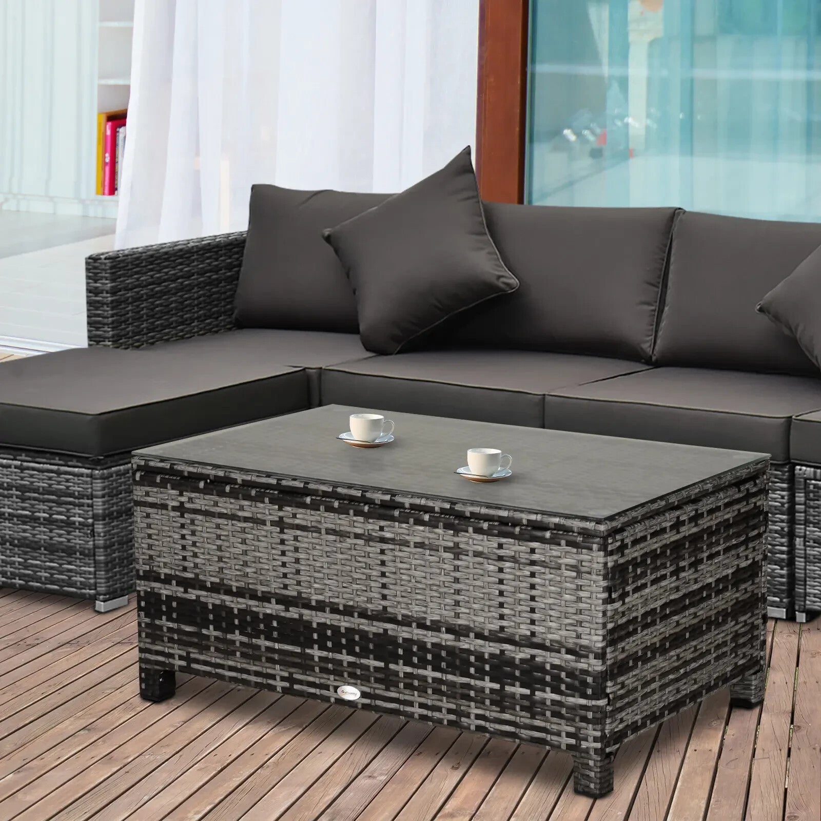 Rattan Garden Coffee Table with Tempered Glass Top Outdoor Patio Furniture Grey