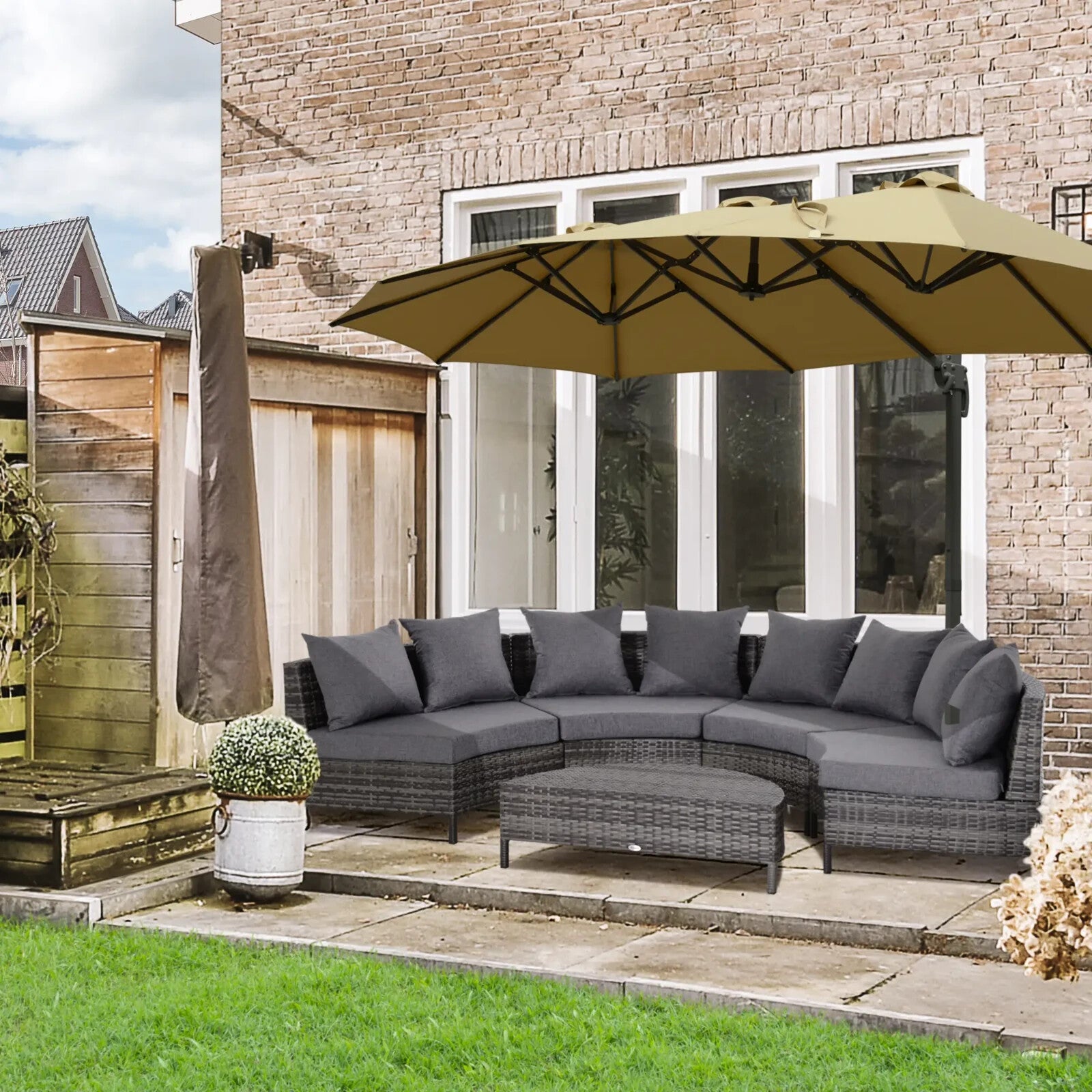 Garden Rattan Furniture 4 Seaters Half-round Patio Outdoor Sofa & Table - Grey