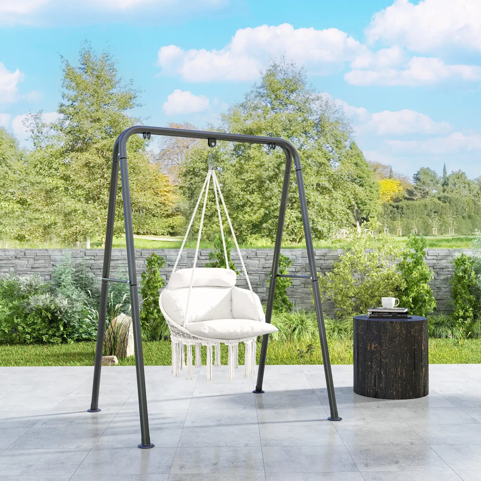 Hammock Hanging Chair Rope Swing with Padded Cushion & Adjustable Chain Cream