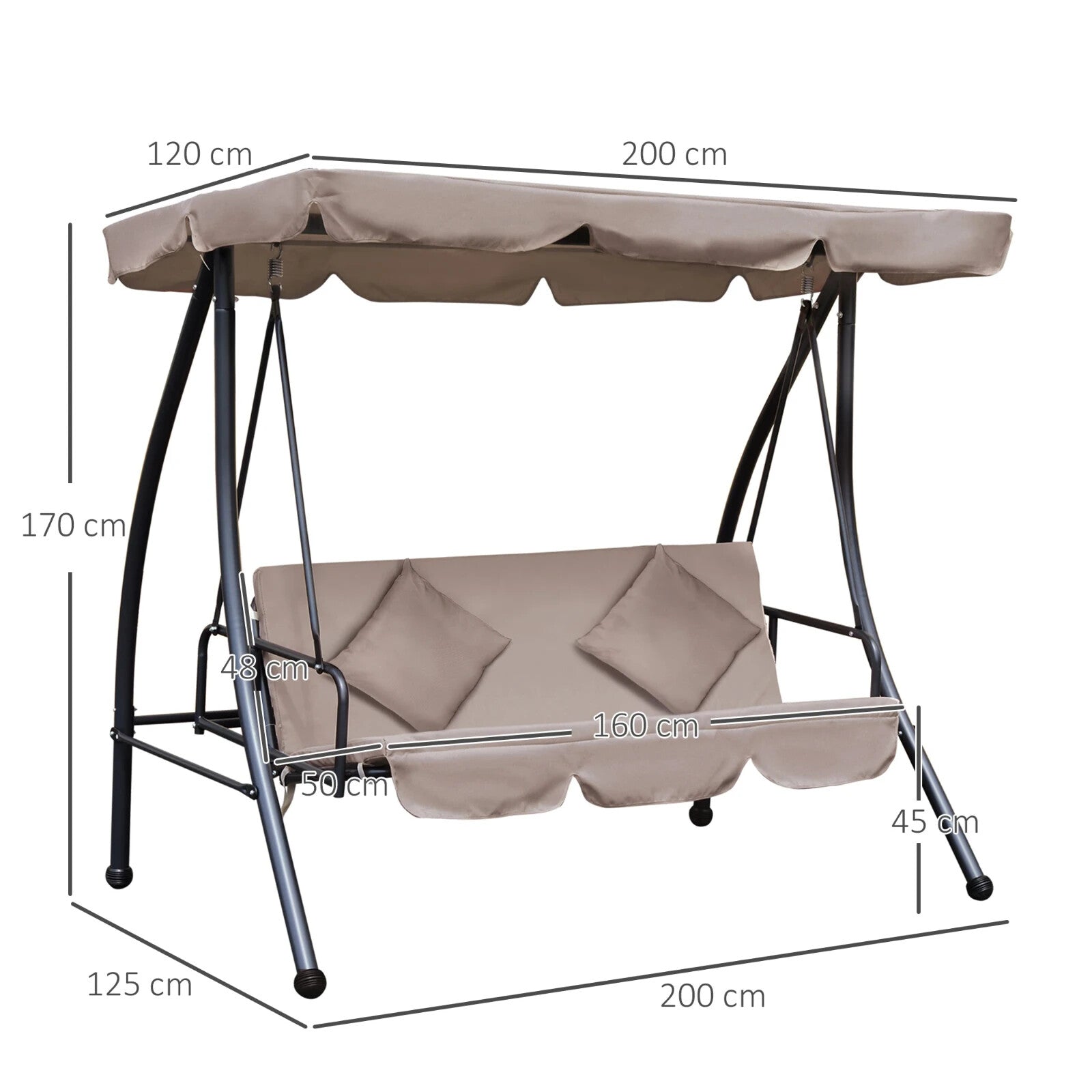 2-in-1 Hammock Swing Chair 3-Seater Powder Coated w/ Cushion & Tilt Canopy Beige