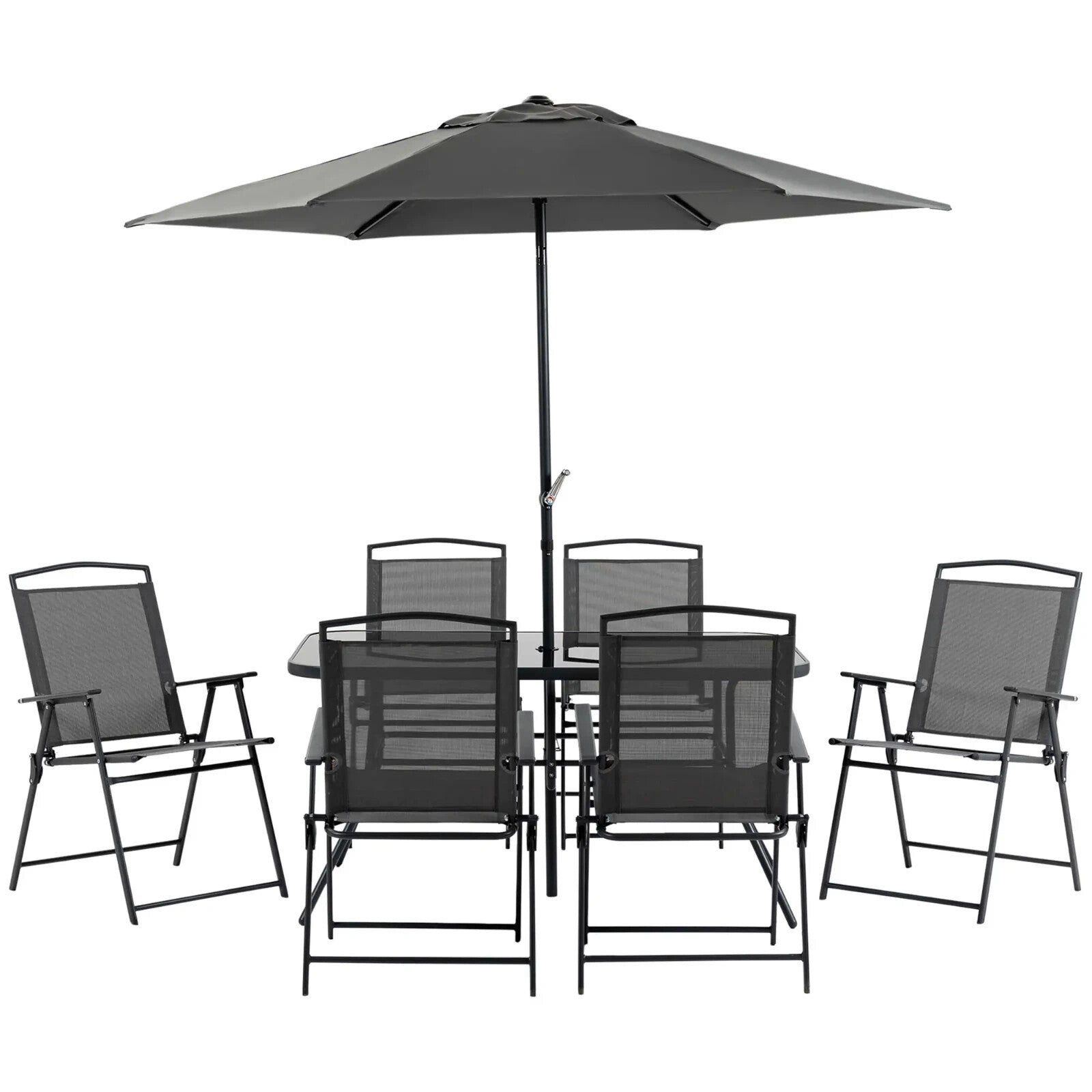 8 Pcs Metal Garden Furniture Set with Parasol Folding Chairs and 6 Seater Table