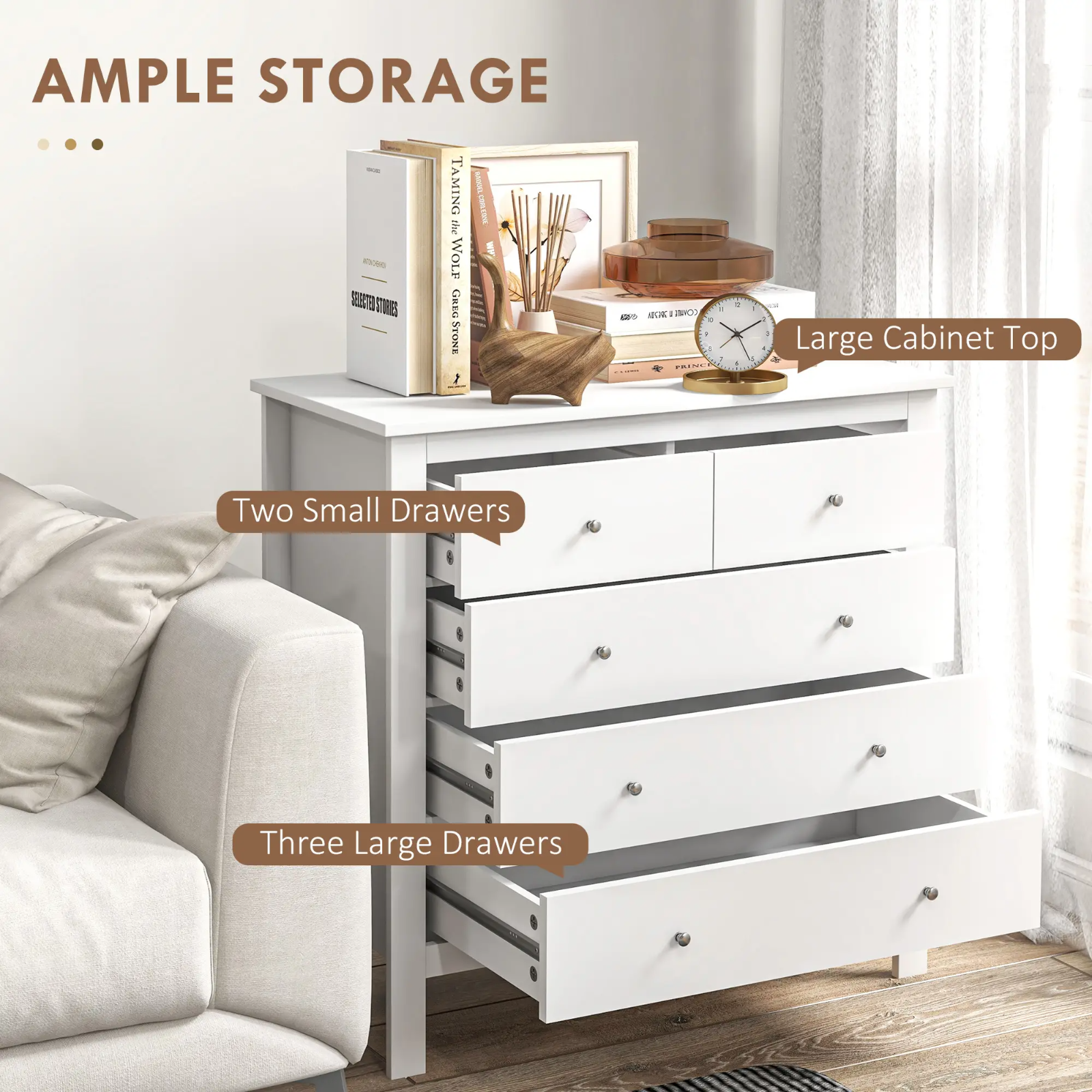 Modern Chest Of Drawers for Bedroom 5 Drawer Dresser Storage Unit White Cabinet