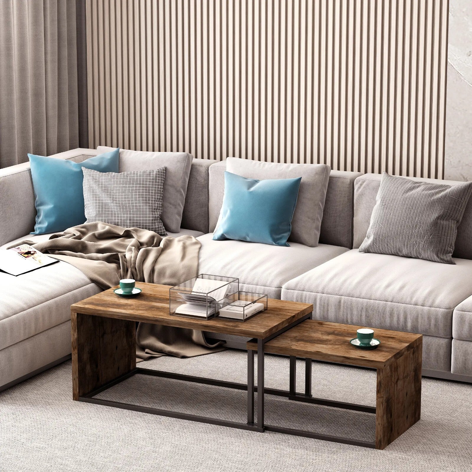 Industrial Coffee Tables Set of 2 Nesting Side Table Living Room Bedroom Rustic