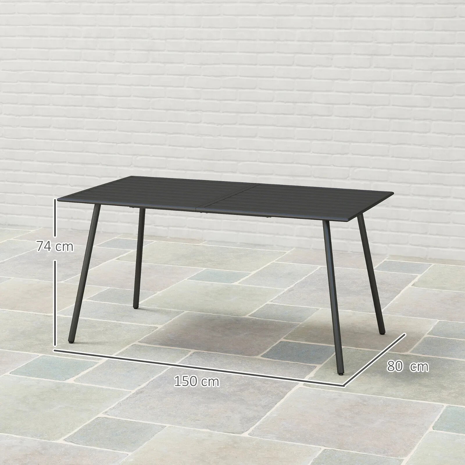 Metal Outdoor Table Black Garden Dining Table for 6 People Slat Top Steel Frame