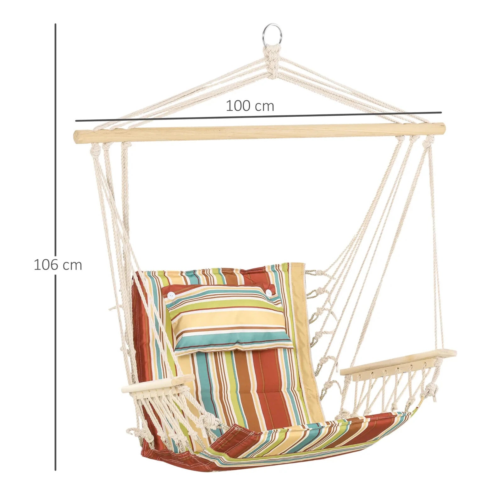 Hammock Hanging Chair Thick Rope Structure w/ Padded Pillow Multi-Colour Stripe