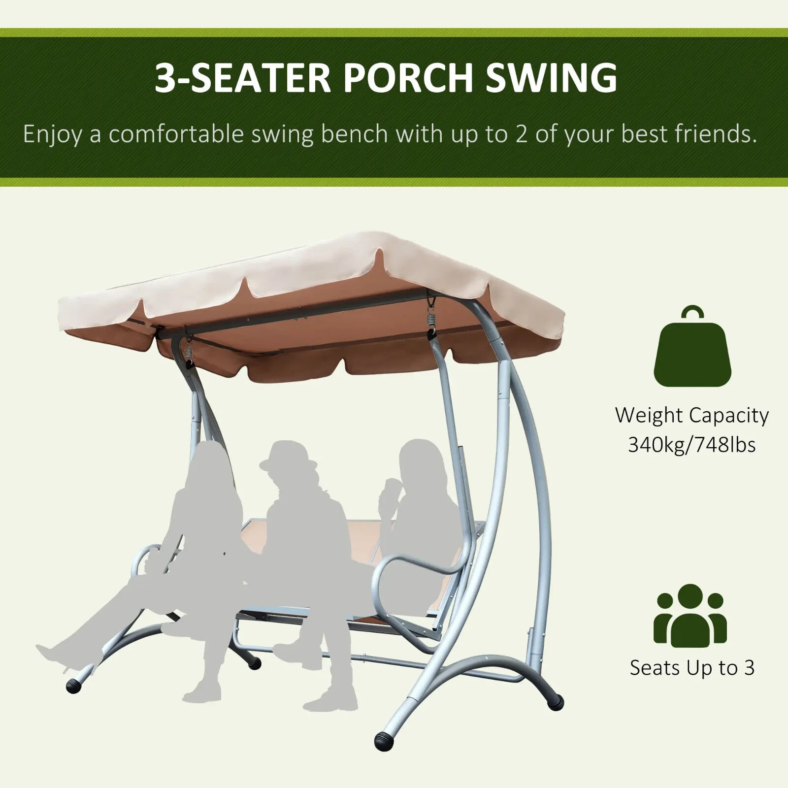 Hammock Swing Bench 3-Seater Weather-Resistant with Adjustable Canopy Beige