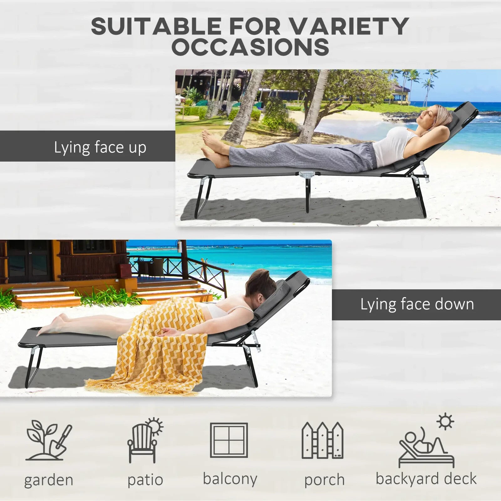 Set of 2 Foldable Sun Loungers w/ Pillow & 4 Level Reclining Adjustable Backrest