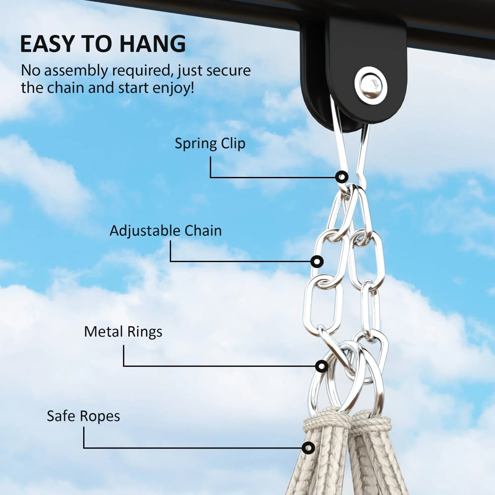 Hammock Hanging Chair Rope Swing with Padded Cushion & Adjustable Chain Cream