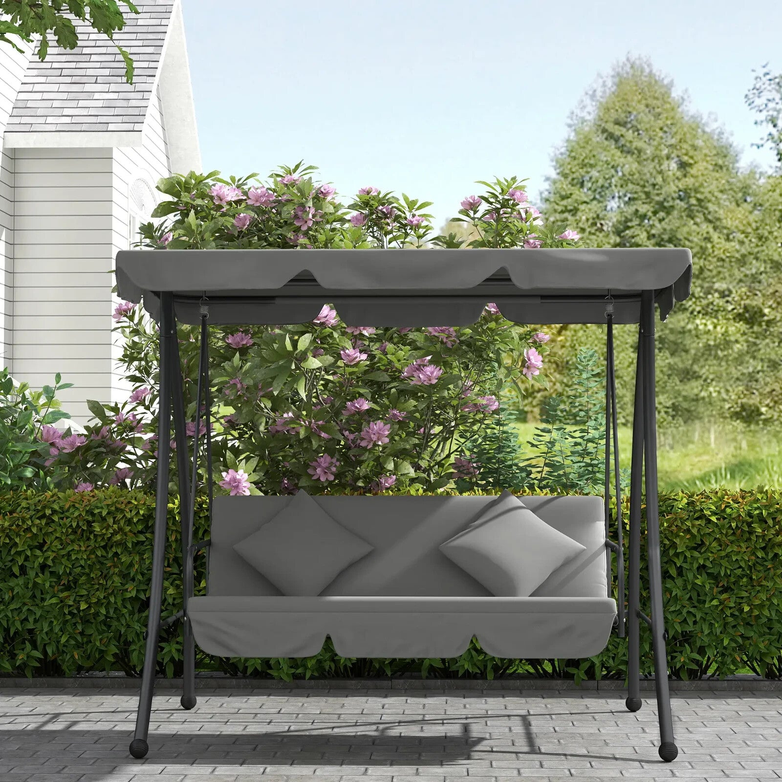 2-in-1 Hammock Swing Chair 3-Seater Steel with Cushion & Tilt Canopy Light Grey