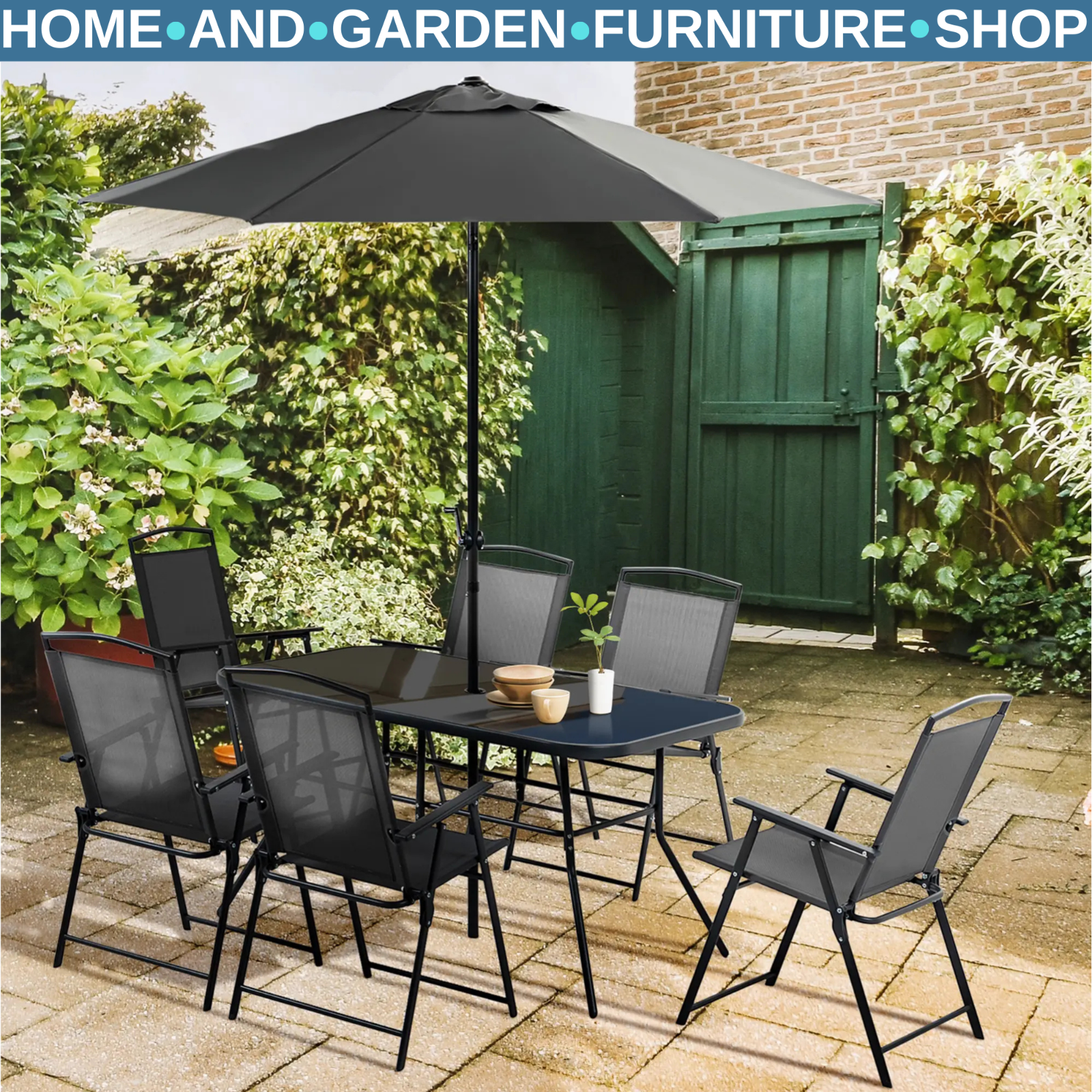 8 Pcs Metal Garden Furniture Set with Parasol Folding Chairs and 6 Seater Table