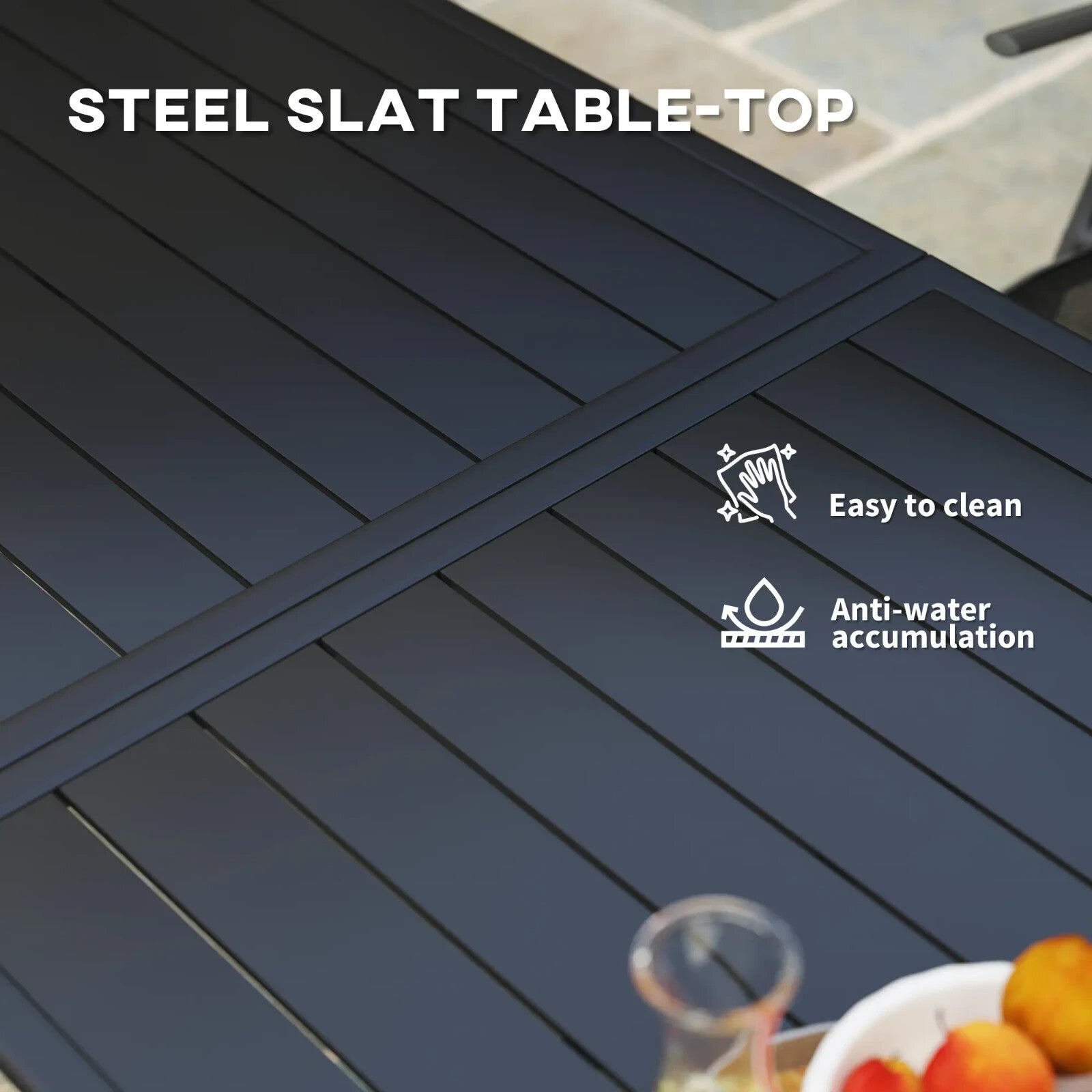 Metal Outdoor Table Black Garden Dining Table for 6 People Slat Top Steel Frame