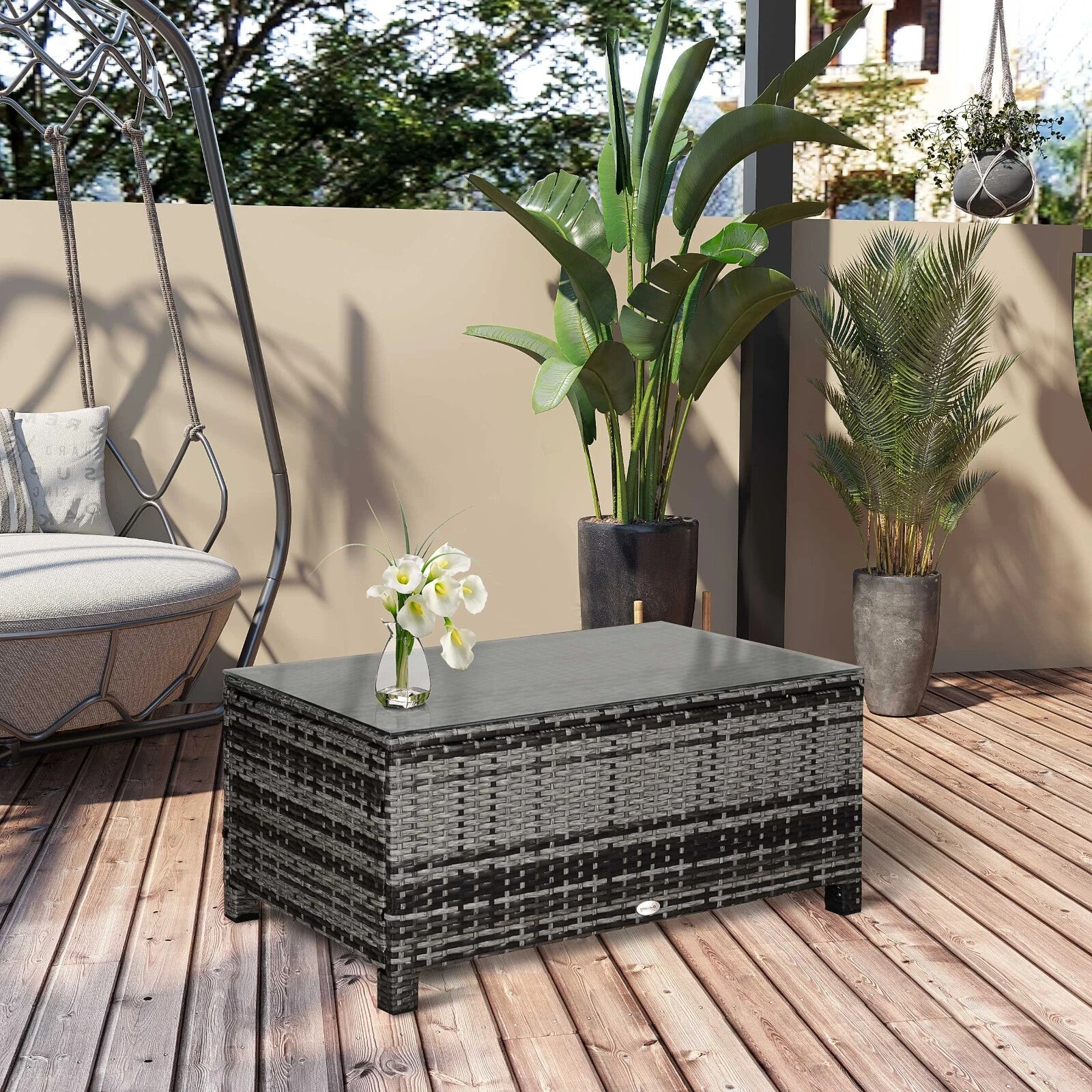 Rattan Garden Coffee Table with Tempered Glass Top Outdoor Patio Furniture Grey