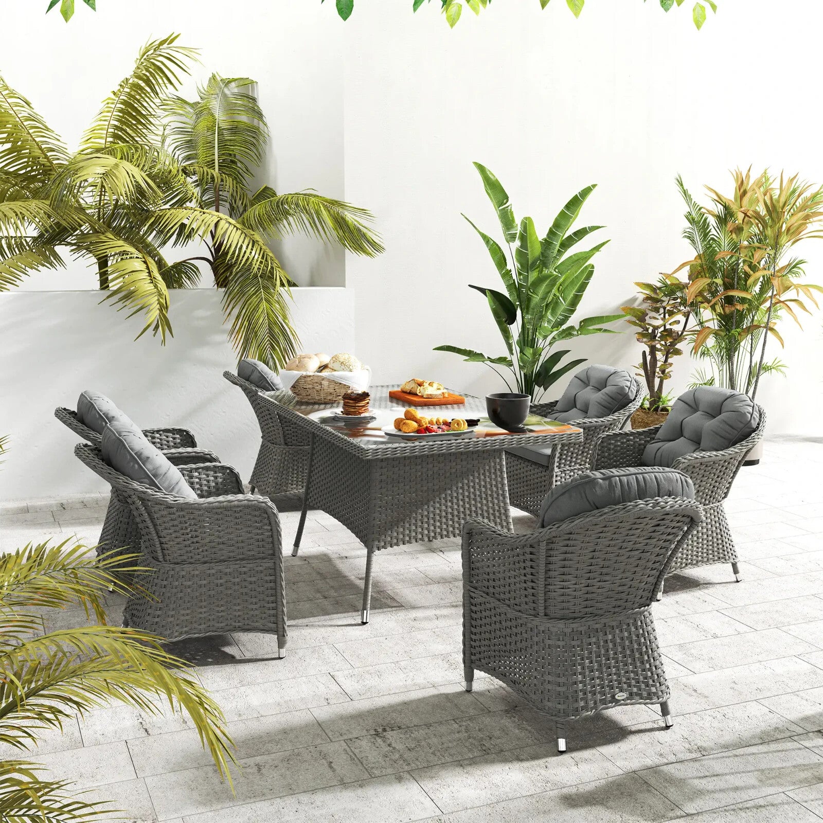 6 Seater Rattan Dining Set Outdoor Garden Furniture with Table and Back Cushions