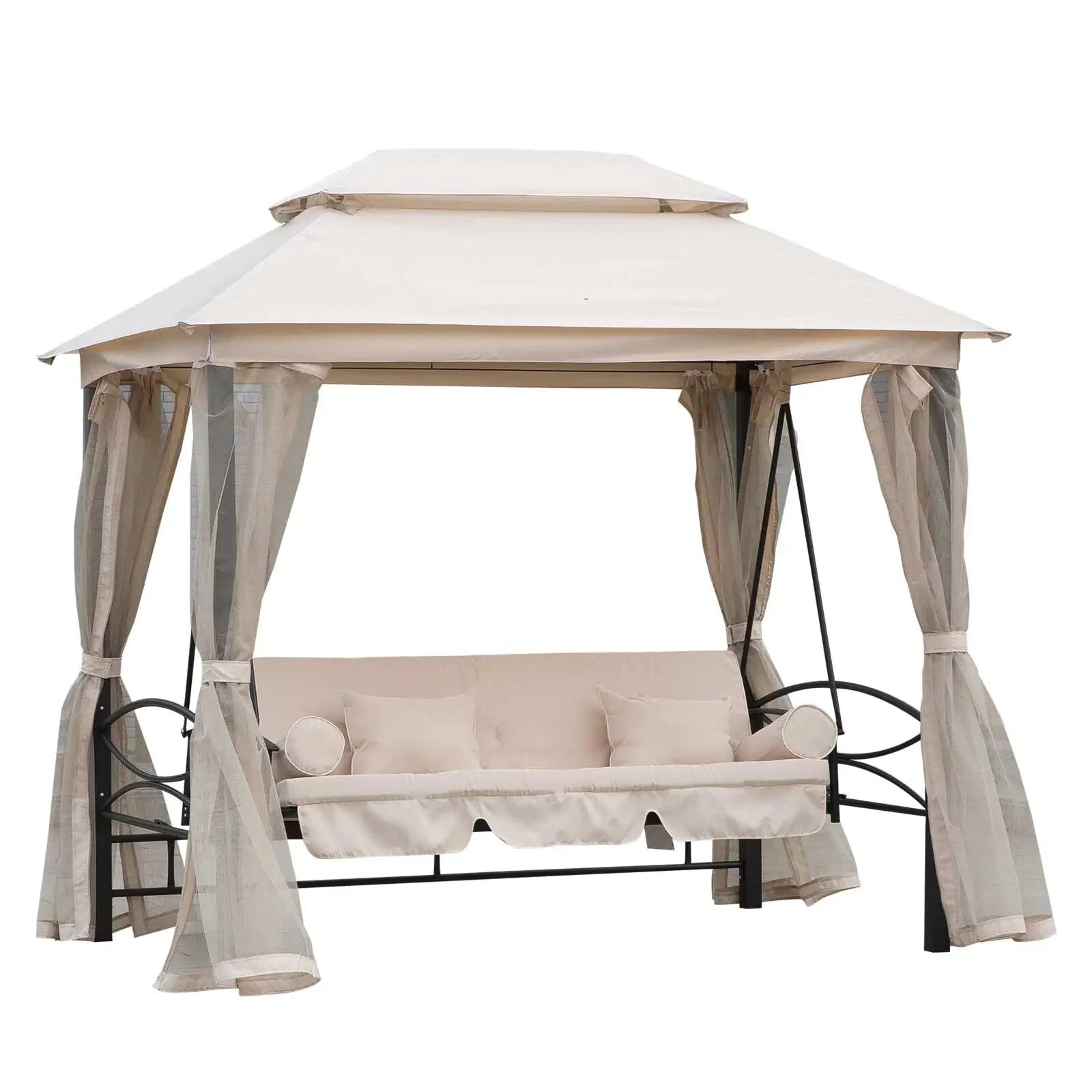 Hammock Swing Bench 3-Seater with 2-Tier Gazebo Canopy & Mesh Netting Beige