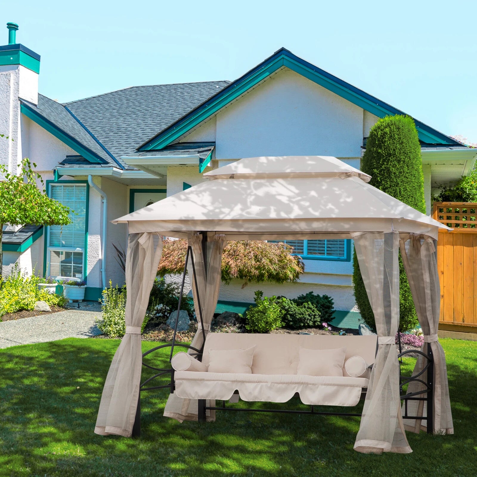 Hammock Swing Bench 3-Seater with 2-Tier Gazebo Canopy & Mesh Netting Beige