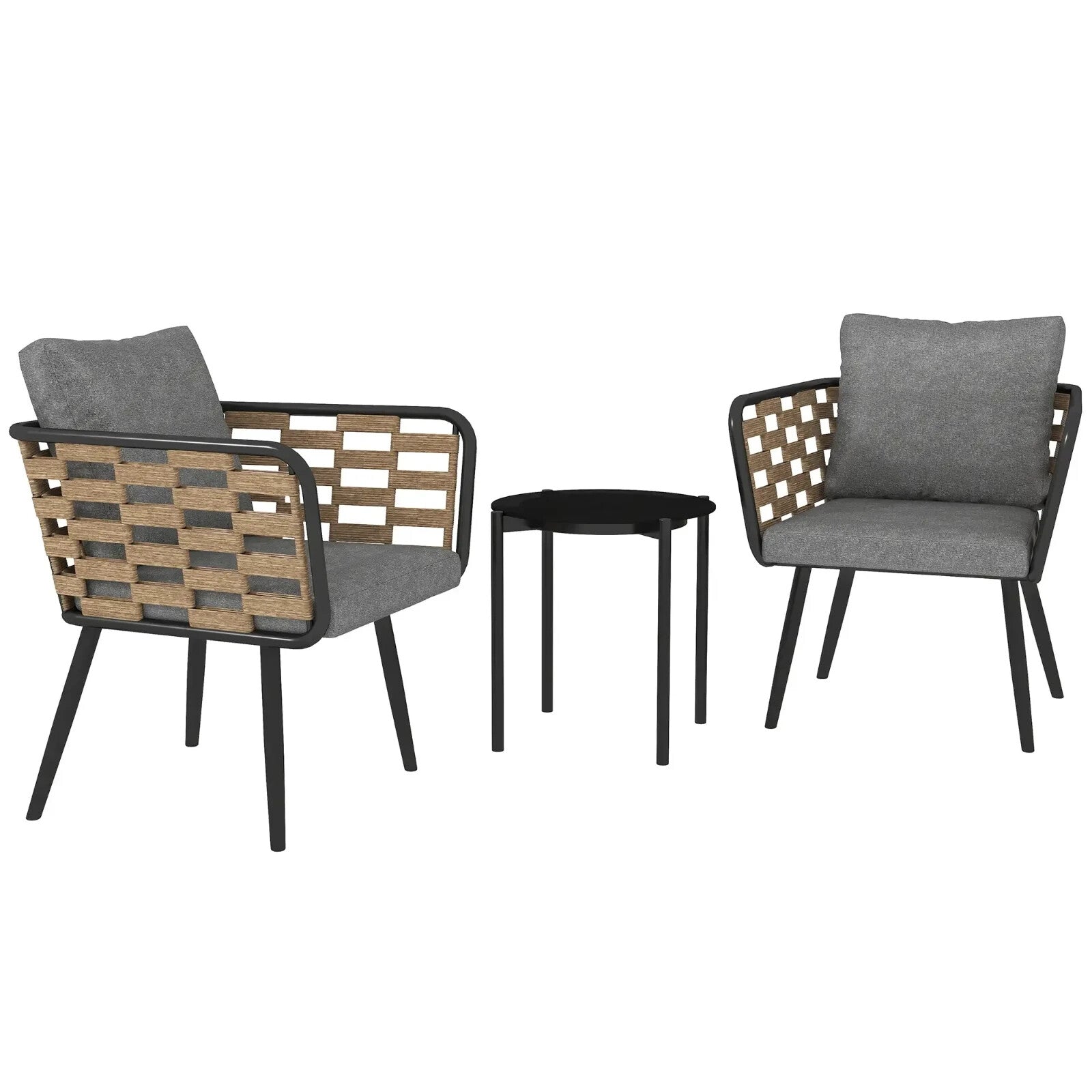 Bistro Set 3-Piece PE Rattan with Backrest Cushions & Tempered Glass Top Black