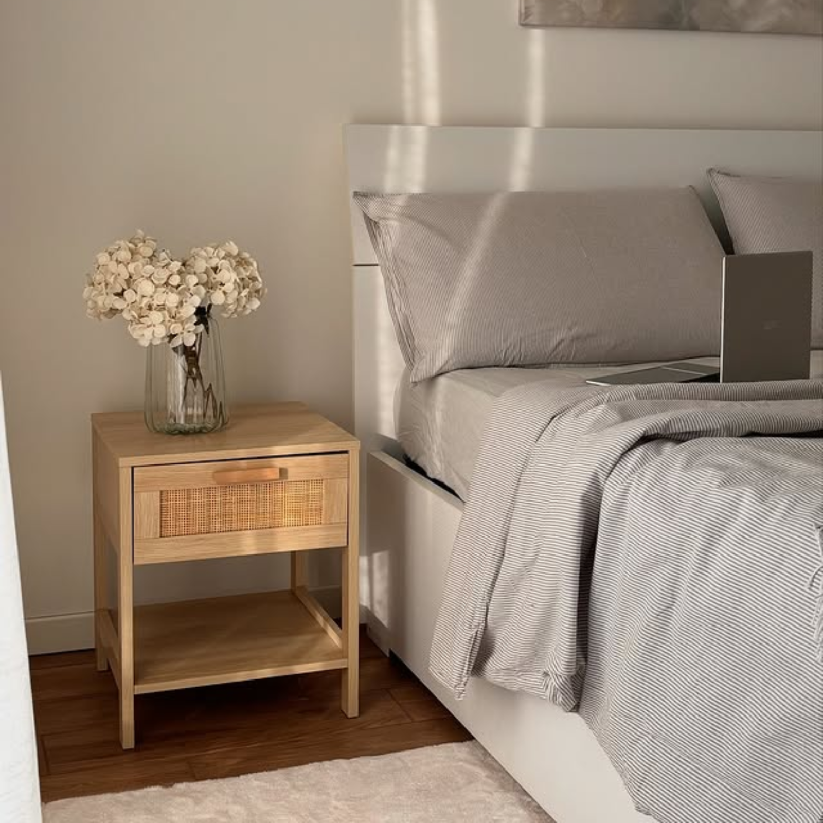 Bedroom Bedside Table Nightstand Storage Organiser Drawer Rattan Shelf Oak Style