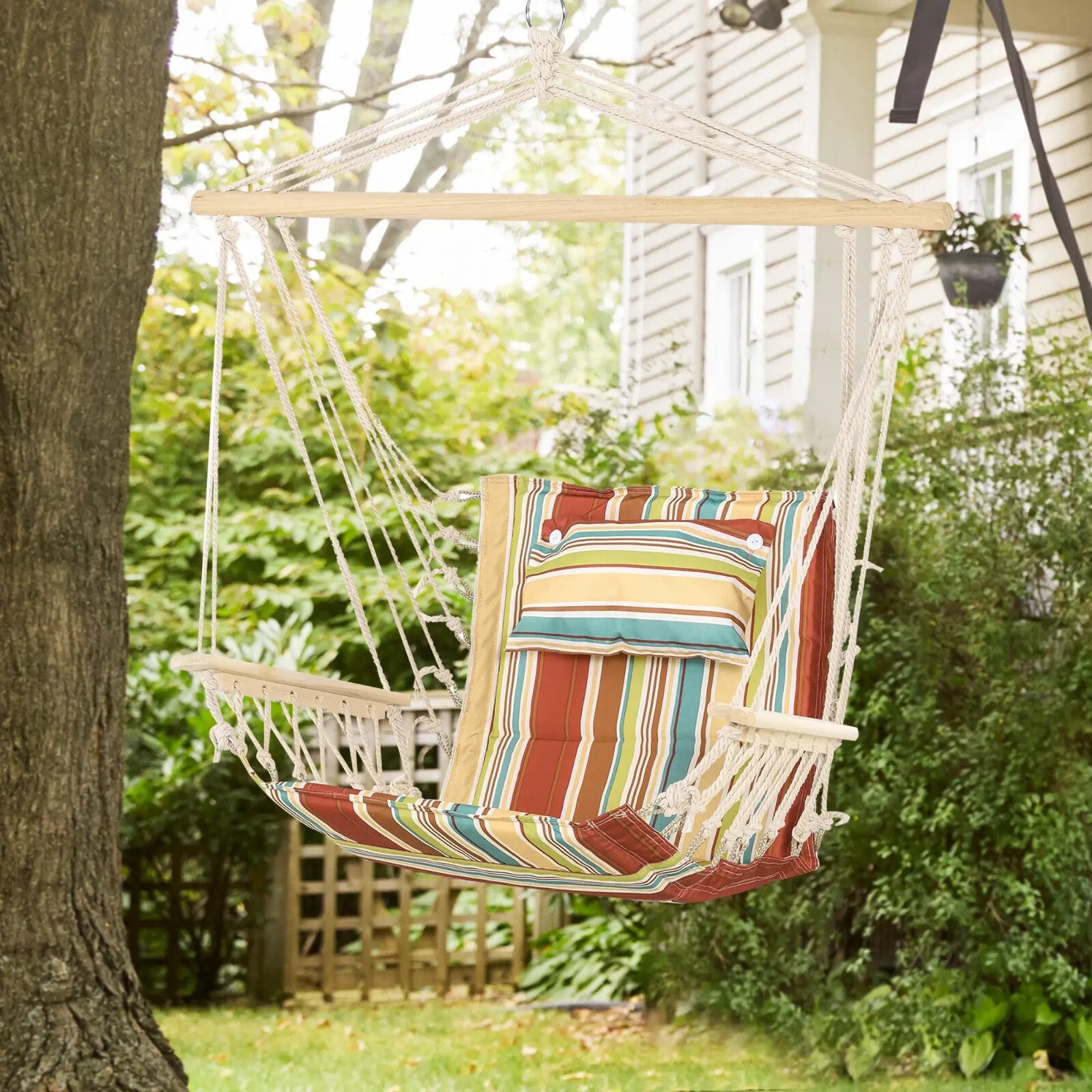 Hammock Hanging Chair Thick Rope Structure w/ Padded Pillow Multi-Colour Stripe