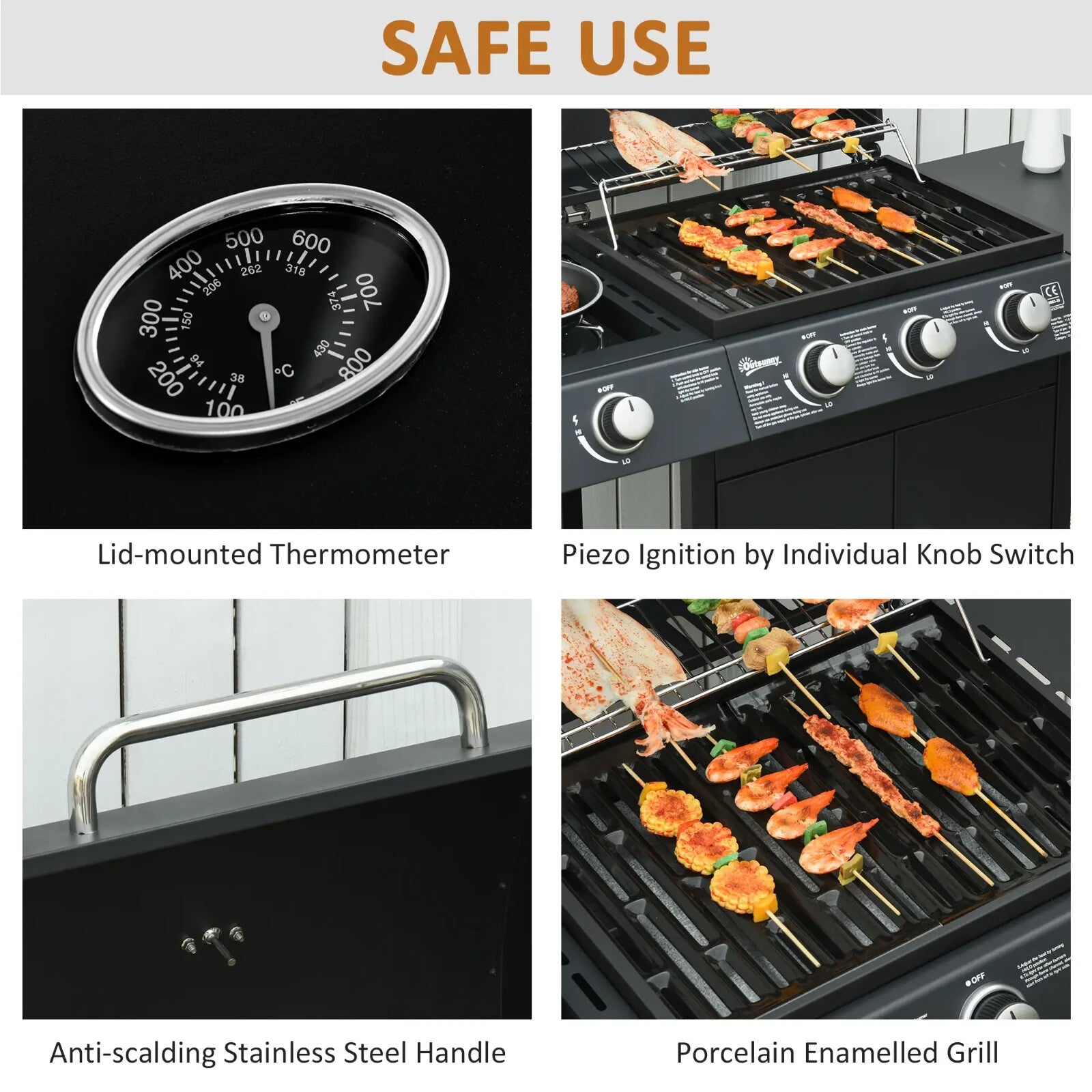 3 and 1 Gas Barbecue Grill w/ Side Burner & Large Cooking Area for Garden BBQs