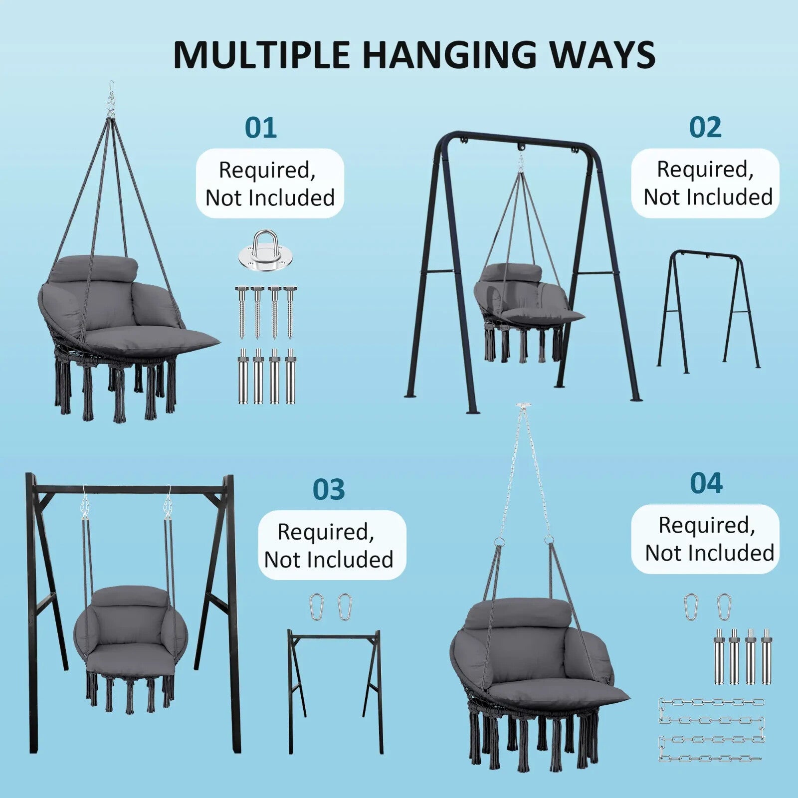 Hammock Hanging Chair Rope Boho Style Swing with Soft Padded Cushion Dark Grey