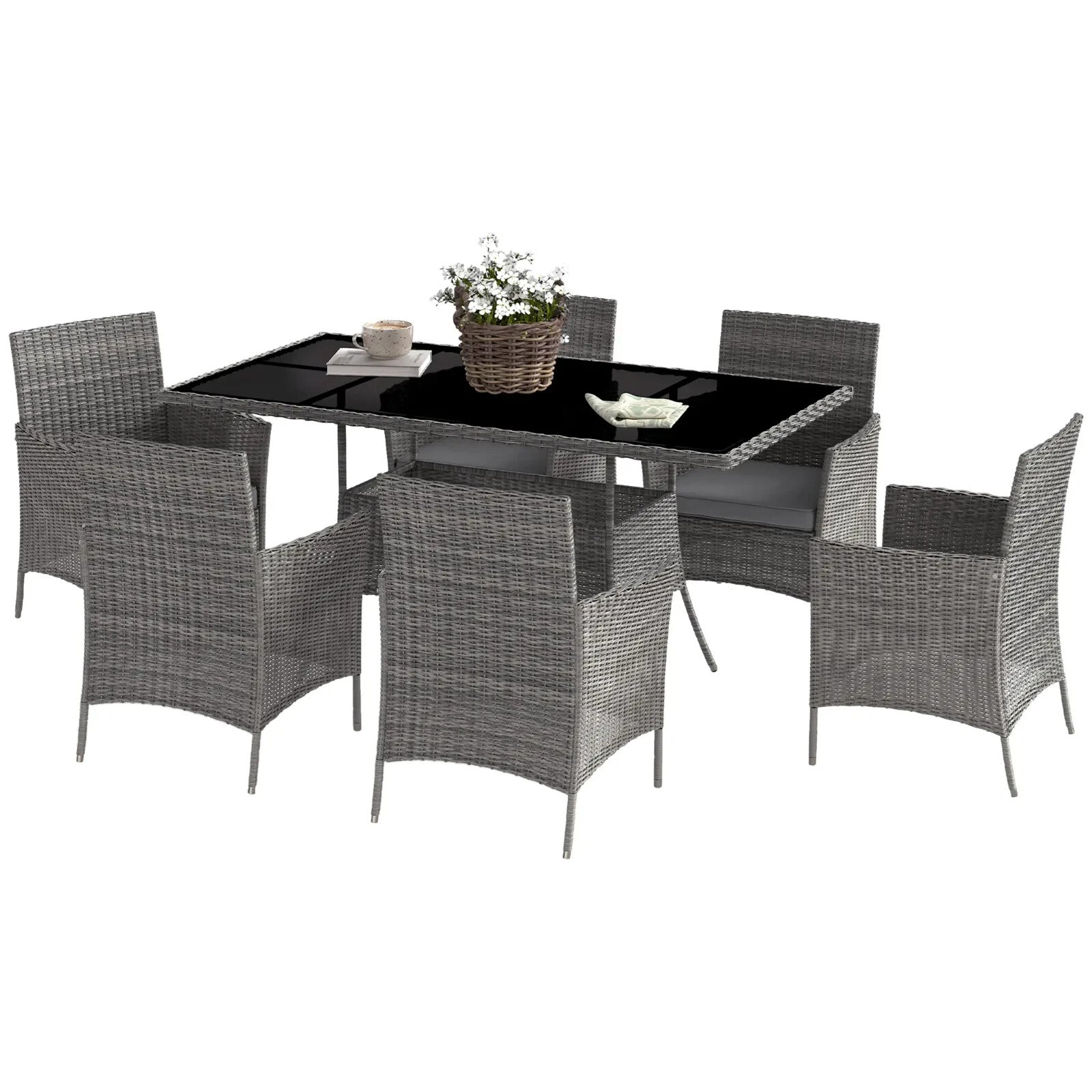 7 Piece Rattan Garden Furniture Set with Cushions 6 Seater Dining Table & Chairs