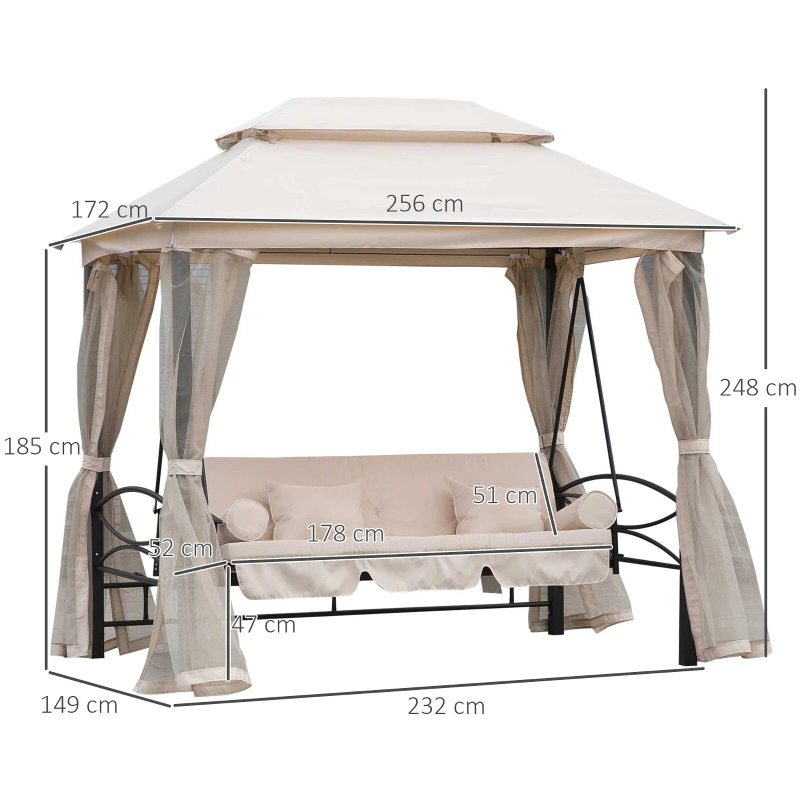 Hammock Swing Bench 3-Seater with 2-Tier Gazebo Canopy & Mesh Netting Beige