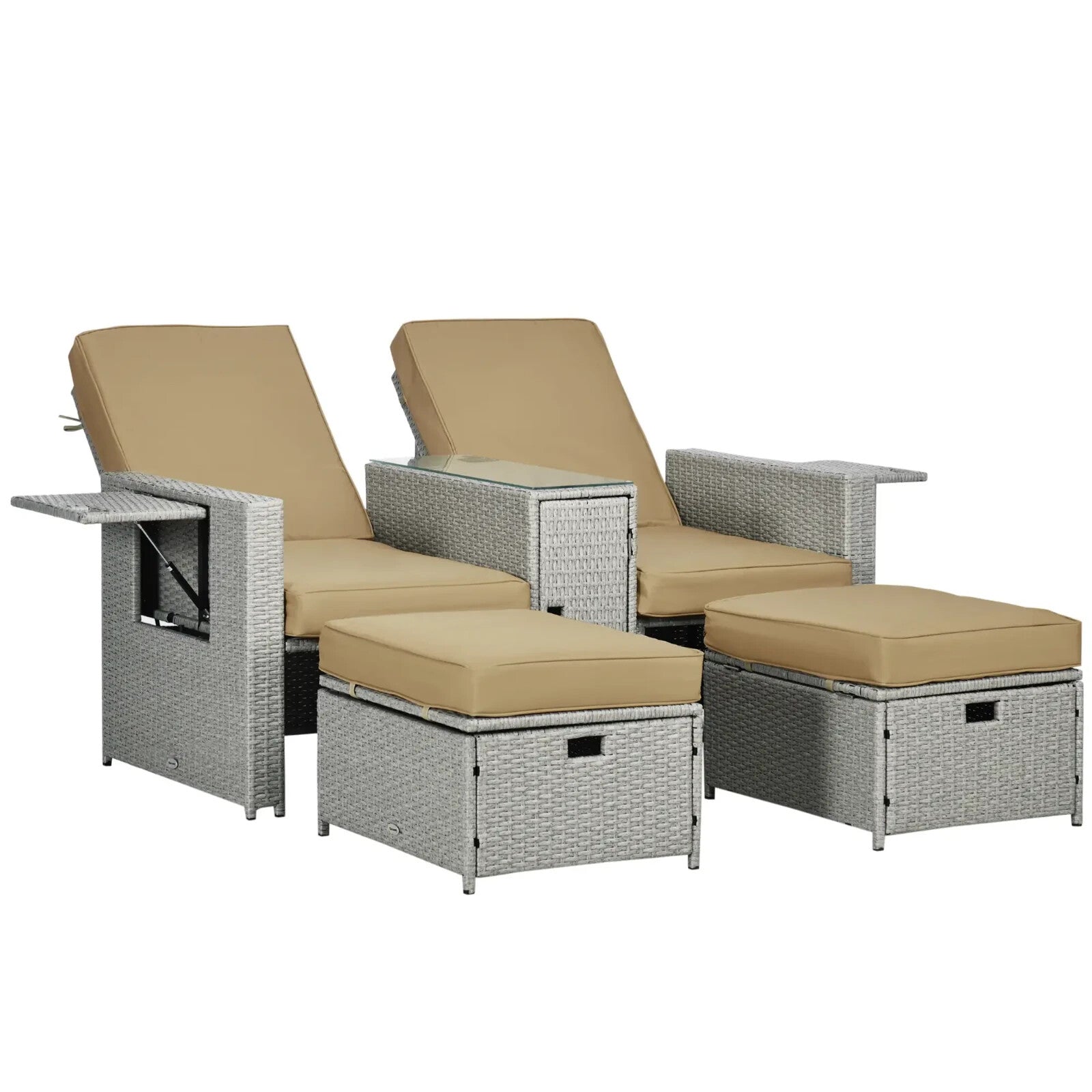 5pc PE Rattan Sun Lounger Recliner Set with Adjustable Backrest Storage & Table