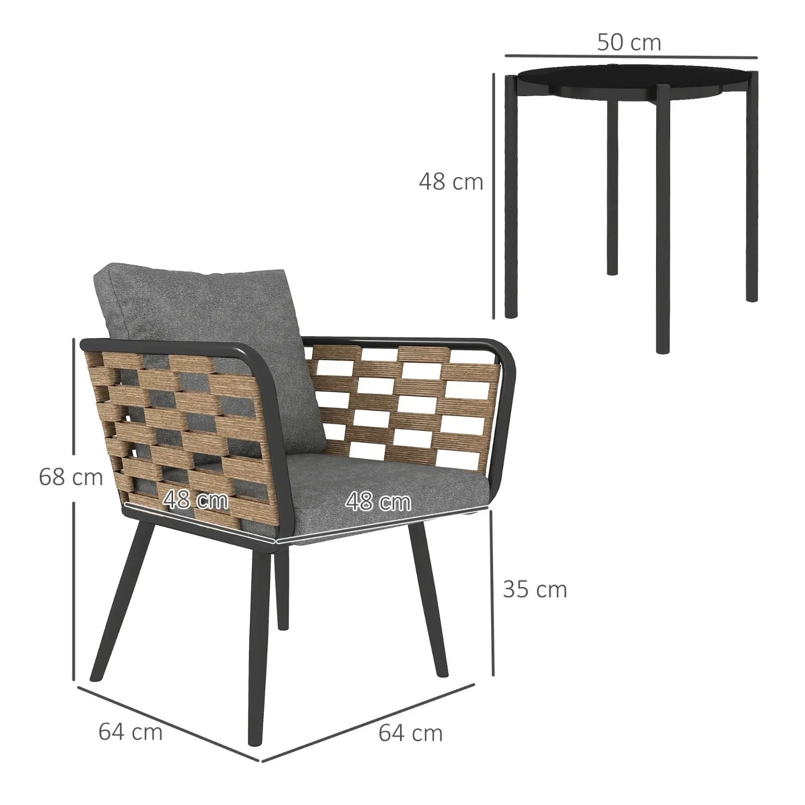 Bistro Set 3-Piece PE Rattan with Backrest Cushions & Tempered Glass Top Black