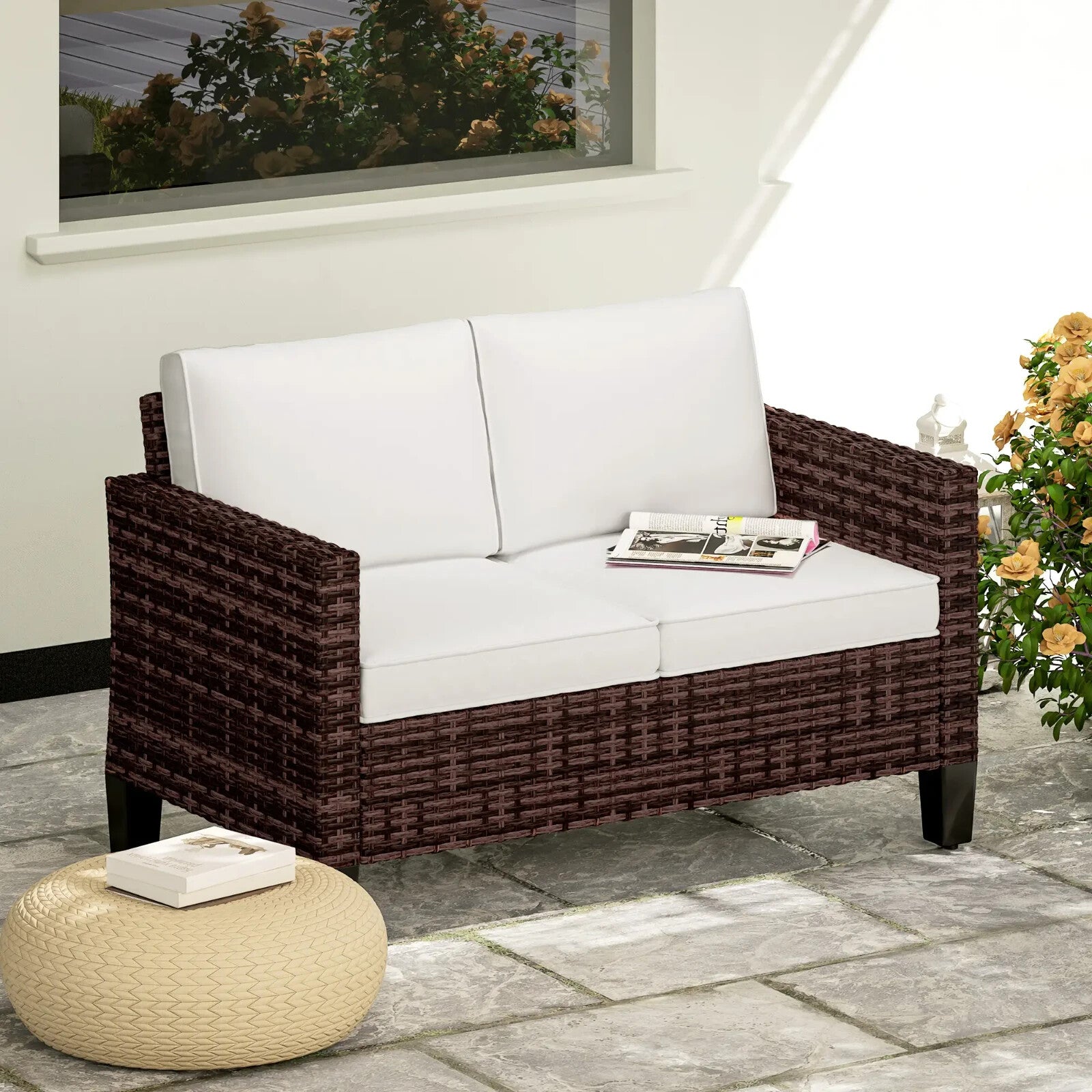 2 Seater Rattan Garden Sofa with Cushions, Outdoor Wicker Furniture for Patio