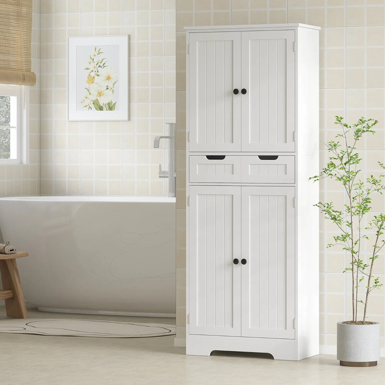 Bathroom Cabinet Tall Storage Cupboard With Drawer, Shelf and Doors White