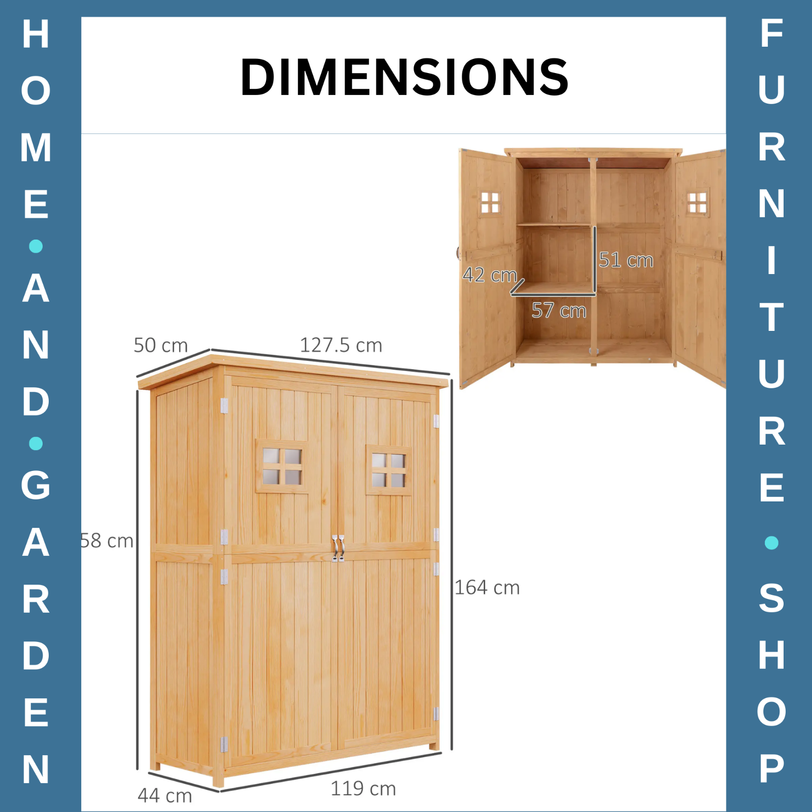 Wooden Garden Storage Shed with Shelves and Double Doors, 164H x 127.5L x 50Wcm